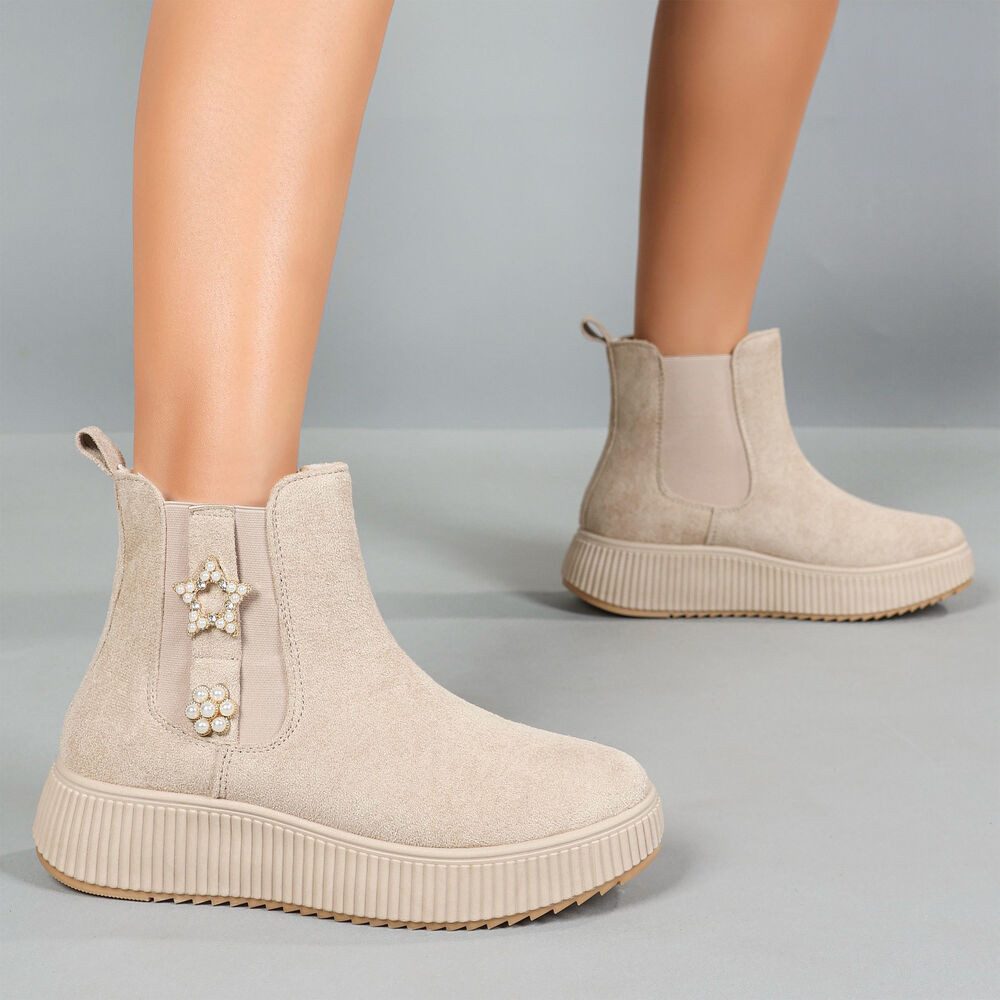 Ital-Design Eleganter Ankle-Boot mit Dekoration und hohem Tragekomfort Plateaustiefelette (90458021) Keilabsatz/Wedge Stiefeletten in Beige