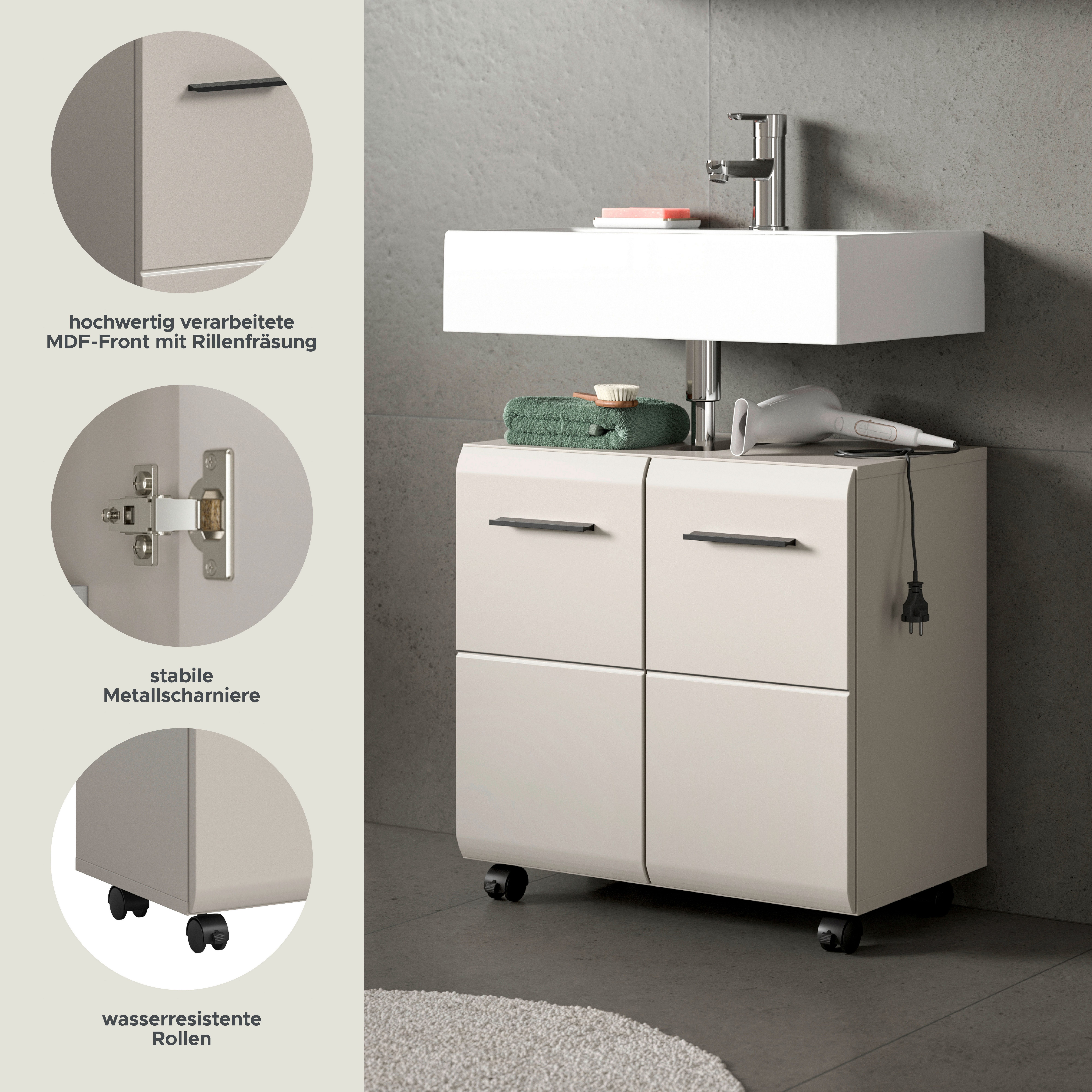 welltime Waschbeckenunterschrank FLORENZ, Breite 60cm, inkl. Siphonausschnitt, mit Türen oder Schüben (TOPSELLER) hochwertige MDF Front, Griff schwarz, Badschrank, Bad
