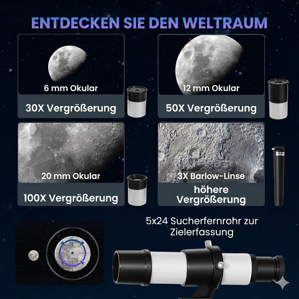 kowdom Linsenteleskop Astronomisches Teleskop 70 mm, Refraktor, 3 Okulare, 100x, weiß, Refraktor, 70 mm, 3 Okulare, 100x, für Einsteiger – Bild 5 von 5