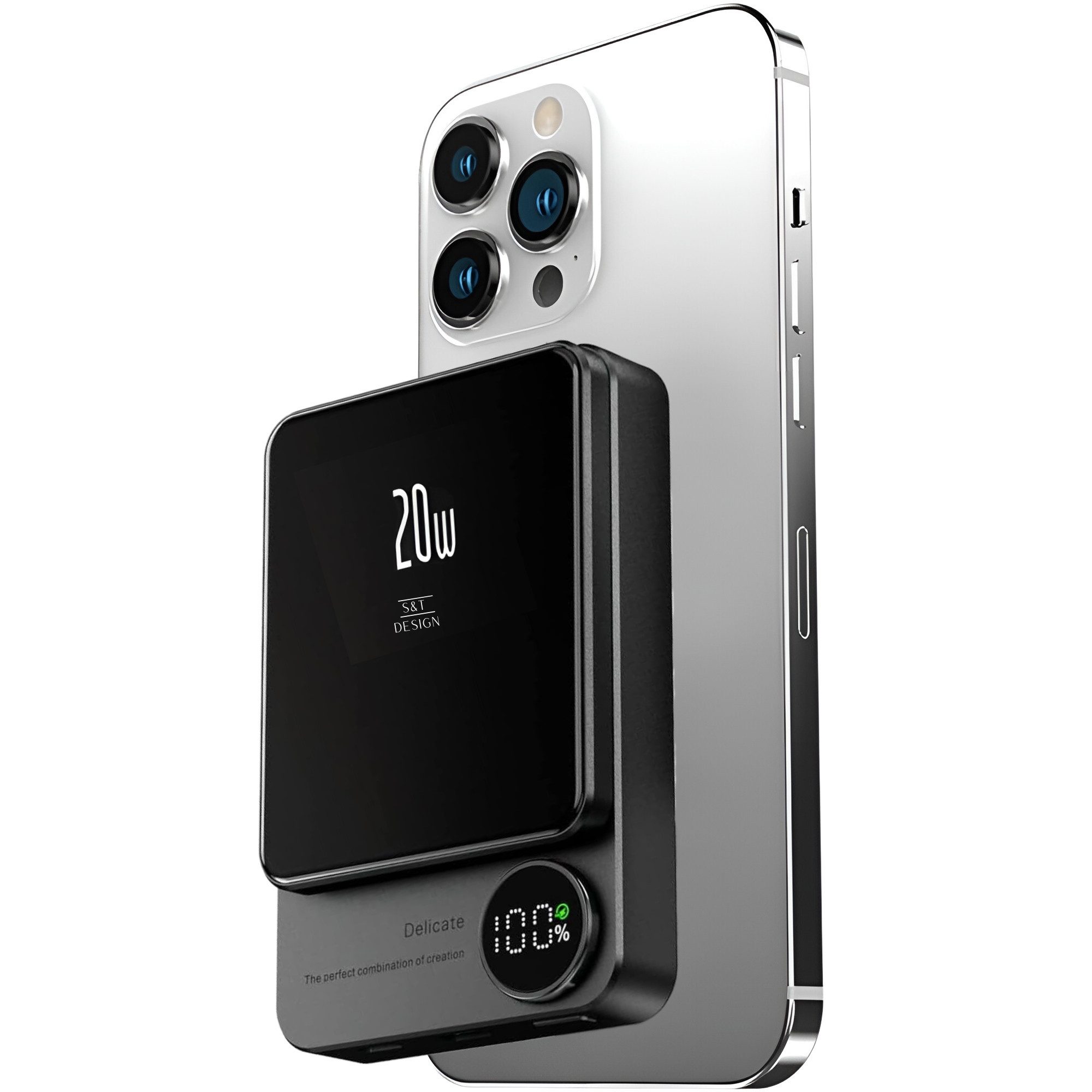 S&T Design Magnetisch Powerbank Magsafe kompatibel Kabellos Externer Akku Powerbank 20W PD 5000 mAh (5 V), Wireless LED Statusanzeige Schnellladefunktion