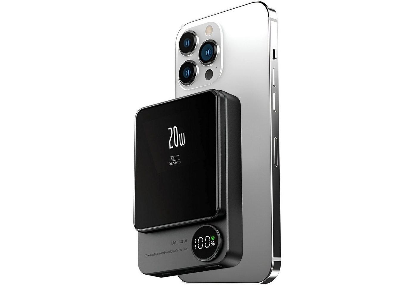 S&T Design Magnetisch Powerbank Magsafe kompatibel Kabellos Externer Akku Powerbank 20W PD 5000 mAh (5 V), Wireless LED Statusanzeige Schnellladefunktion