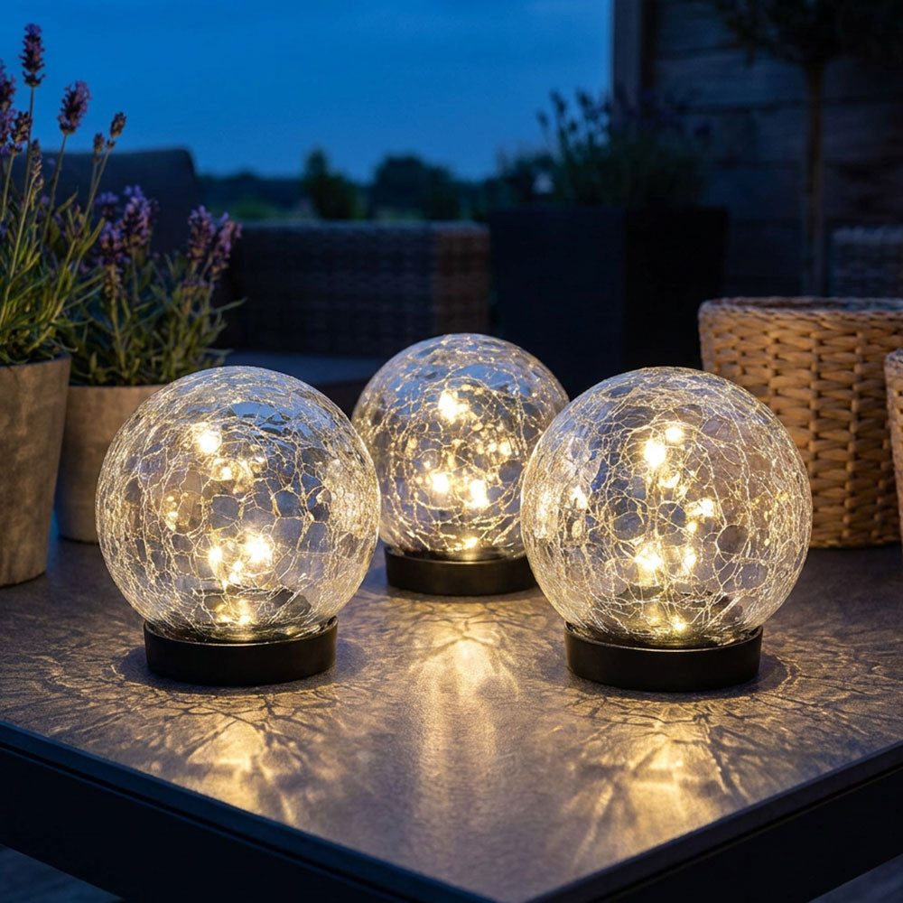Expo Börse LED Dekolicht, LED-Leuchtmittel fest verbaut, Warmweiß, 3x Solarleuchte Außen Balkondeko Crackle Glaskugel klar LED D 12 cm