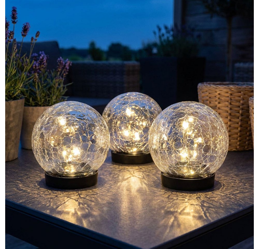 Expo Börse LED Dekolicht, LED-Leuchtmittel fest verbaut, Warmweiß, 3x Solarleuchte Außen Balkondeko Crackle Glaskugel klar LED D 12 cm