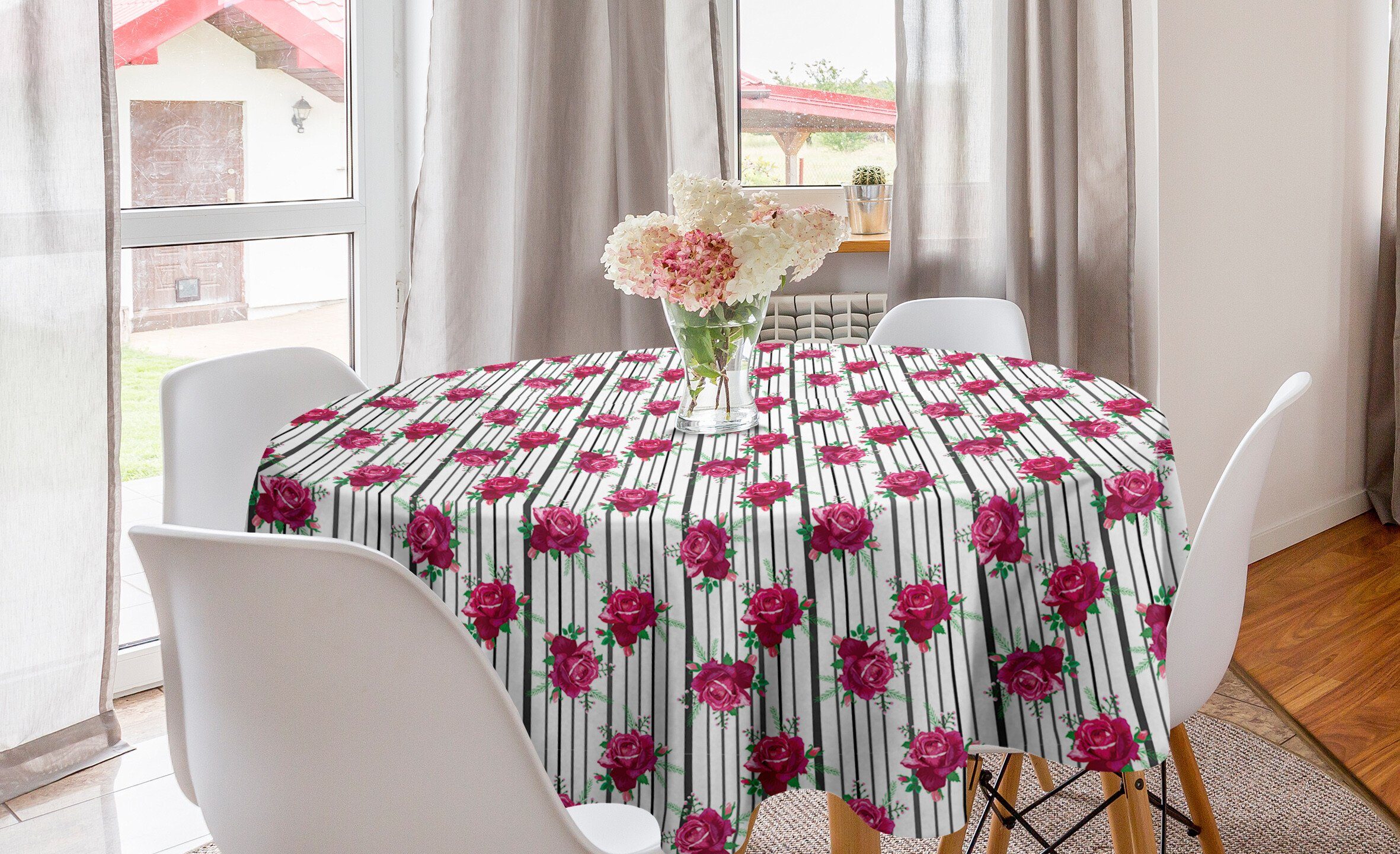 Abakuhaus Tischdecke Kreis Tischdecke Abdeckung für Esszimmer Küche Dekoration, Rosen Blumenstrauß mit Knospen auf Streifen