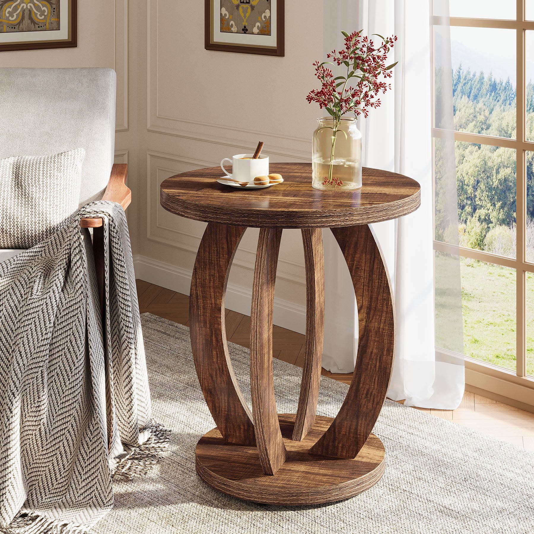 Tribesigns Beistelltisch 50 cm Landhaus-Runder Sofatisch aus Holz, Couchtisch, Nachttisch