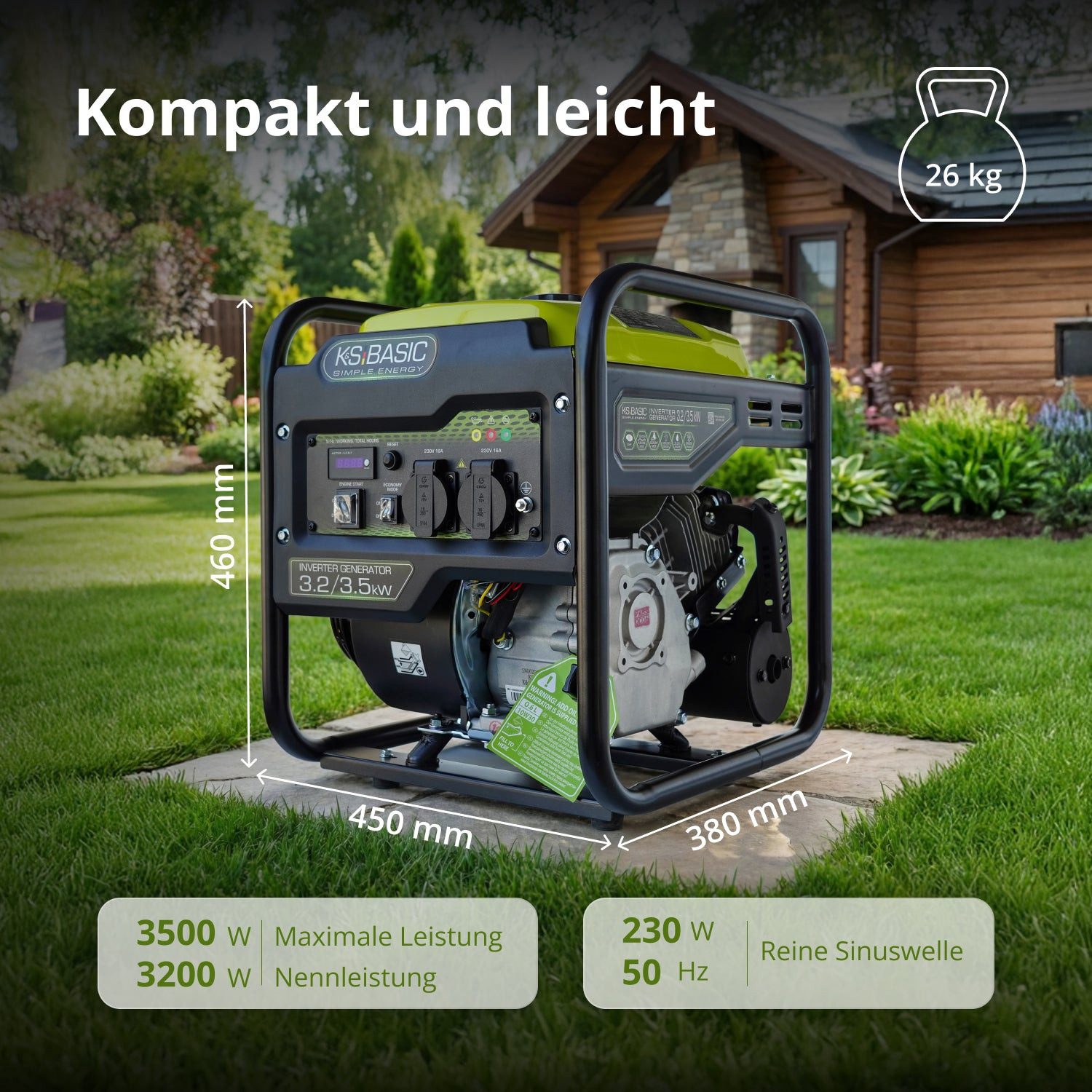 Könner & Söhnen Stromerzeuger KSB 35i, 3,50 in kW, (Inverter-Generator mit Reiner Sinuswelle und EURO-5 Motor, 1-tlg., Zuverlässige 3.5 kW Notstromquelle mit Sparmodus (Economy), 100% Kupferwicklung, LED-Display, RESET-Taste, Mobil