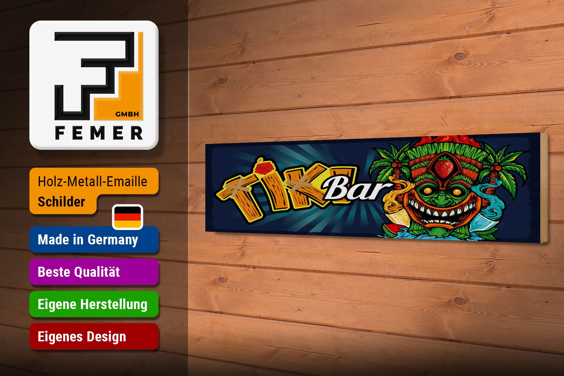 Femer GmbH Holzbild Hinweis 46x10 cm Tiki Bar buntes, (1 St), Glatte Holzfaserplatte (MDF), vorn beschichtet