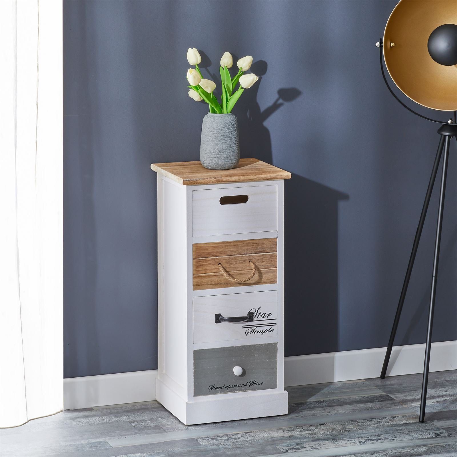 CARO-Möbel Kommode SALVA, Kleiner Schubladenschrank, Nachtkommode mit 4 Schubladen Vintage Stil
