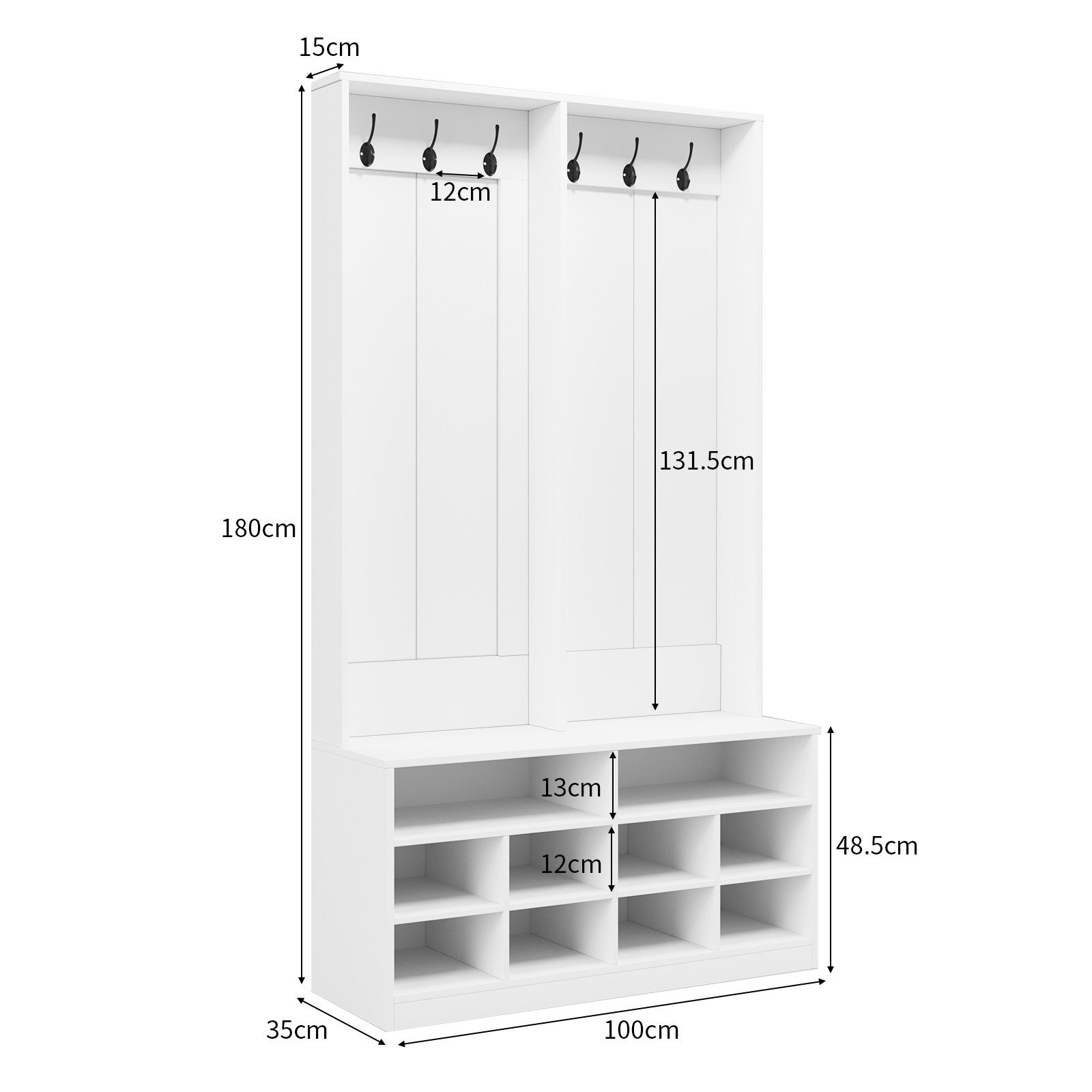 VOWNER Garderobenständer Weiß, Flurgarderobe mit Sitzbank, Schuhablage und Haken, (1 St), Kompakte Garderobe 100x35x180 cm für Flur und Eingang
