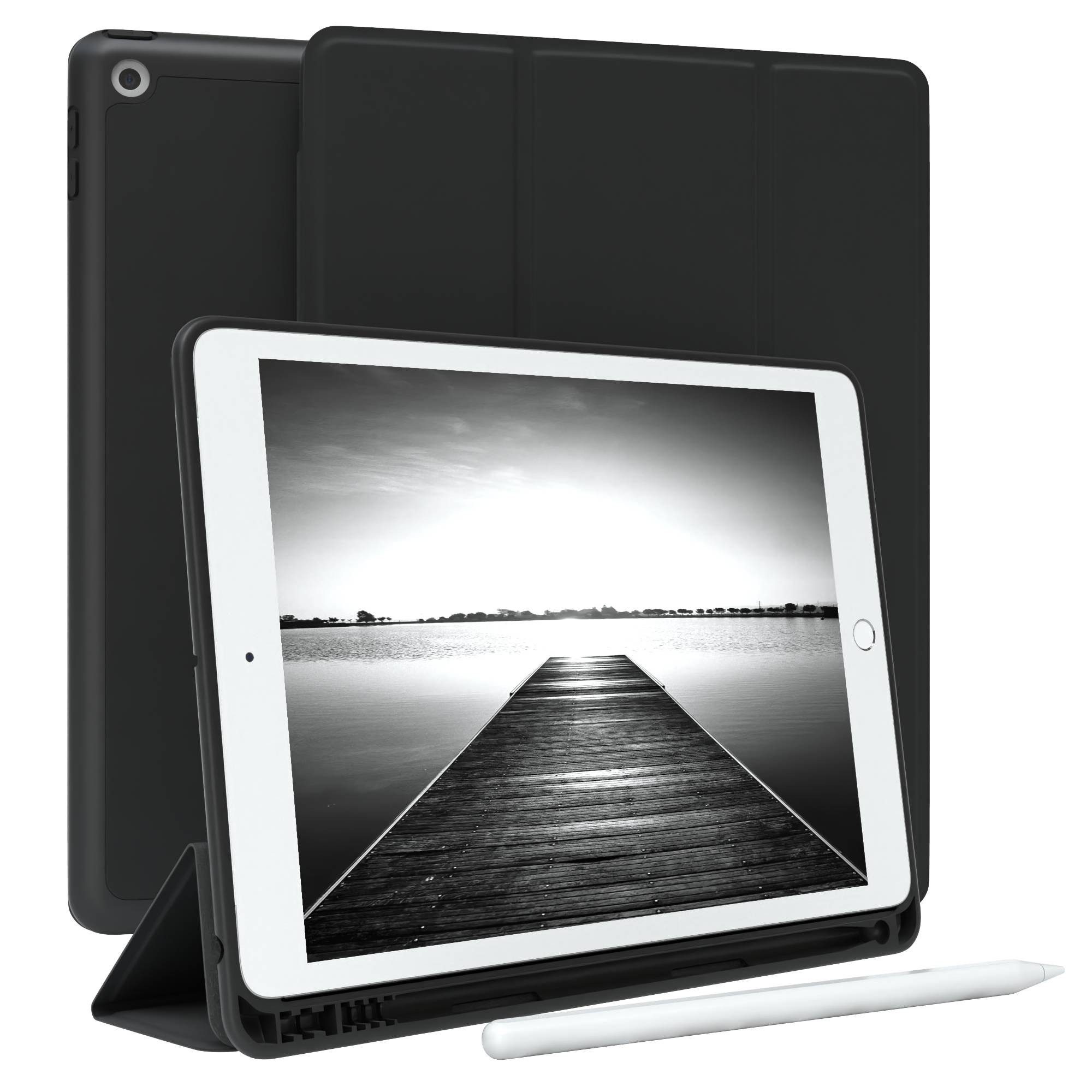 EAZY CASE Tablet-Hülle Penholder Smartcase für iPad 7. / 8. / 9. Gen. 10,2 Zoll, Hülle Schutzhülle mit Sleep Wake Up Funktion Etui zum Klappen Schwarz