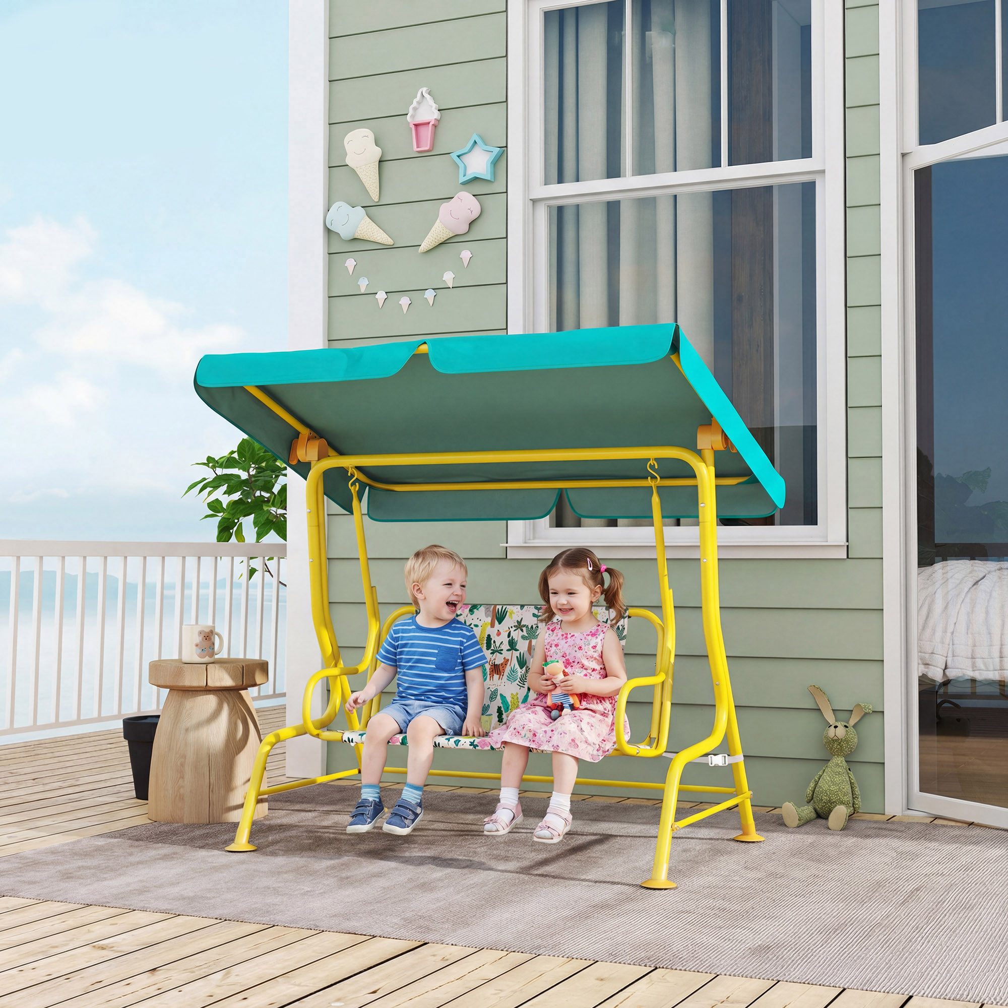 AIYAPLAY Hollywoodschaukel Kinderschaukel mit verstellbarem Sonnendach, Sicherheitsgurt, 2-Sitzer, Schaukelfunktion, Gartenschaukel, 1 tlg., 2-Sitzer Kinderschaukel, für Garten Terrasse für 3-6 Jahre Kinder bis 60 kg Grün