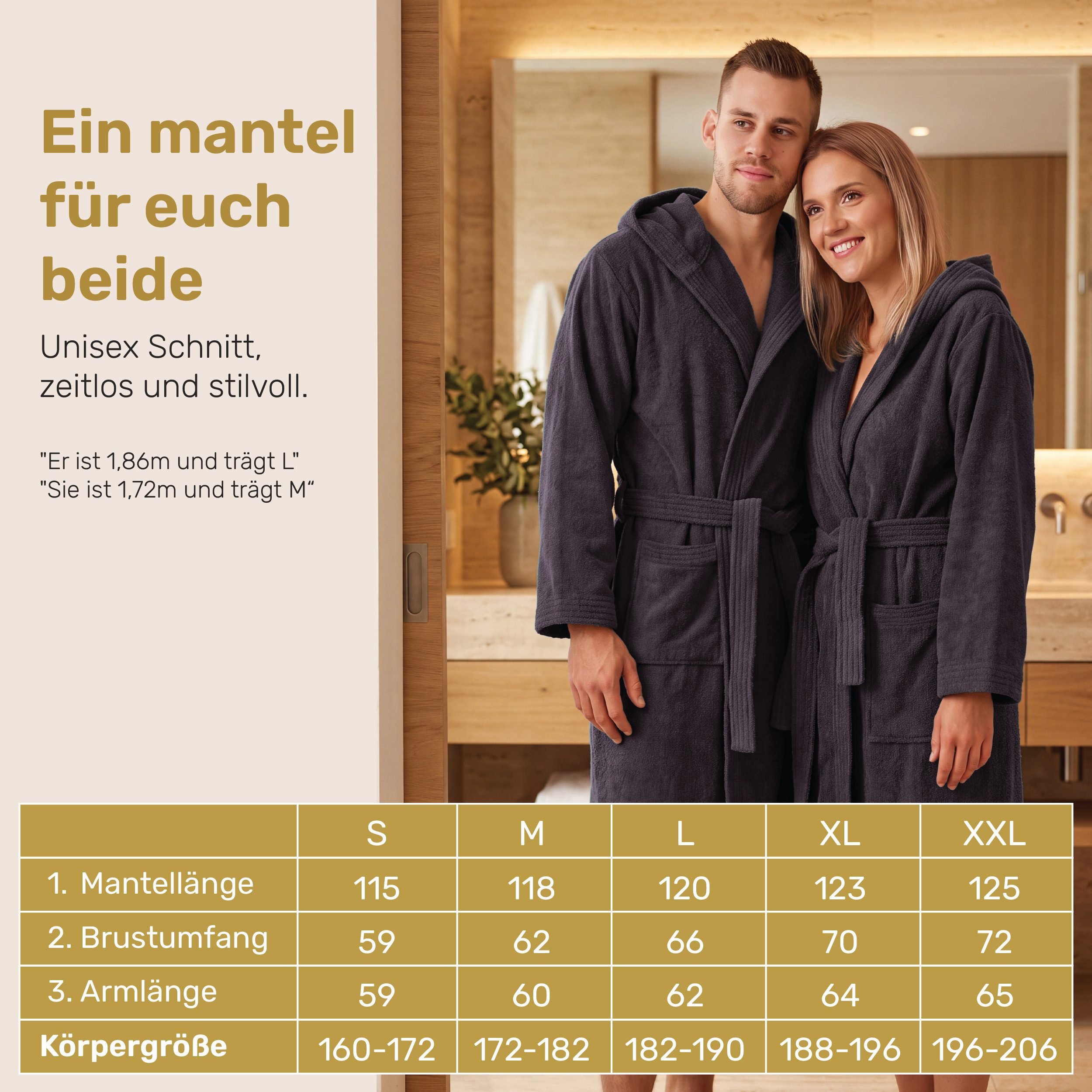 Lavea Bademantel Damen und Herren, Morgenmantel Mexico, Hotelbademantel, Lang, 100% Baumwolle, mit Kapuze, hochwertiger Bindegürtel, Weich & Saugstark - Spa Fee – Bild 2 von 5