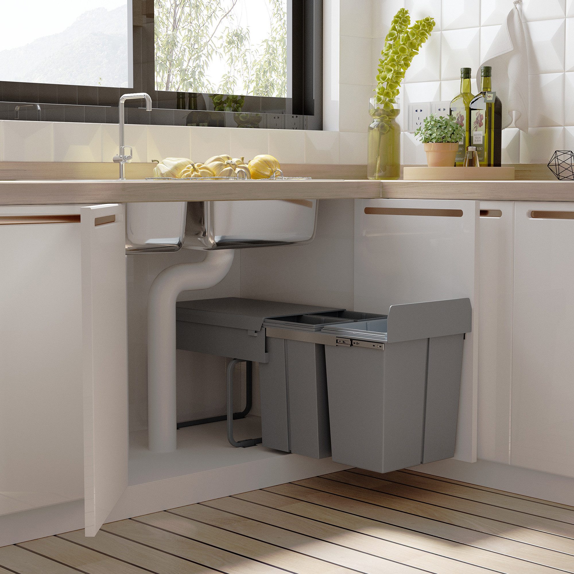 HOMCOM Einbaumülleimer 40L ausziehbar, mit 3 herausnehmbar Fächer 1 x 20 & 2 x 10 L, für Schränke ab 400 mm Breite, für Küche, Grau