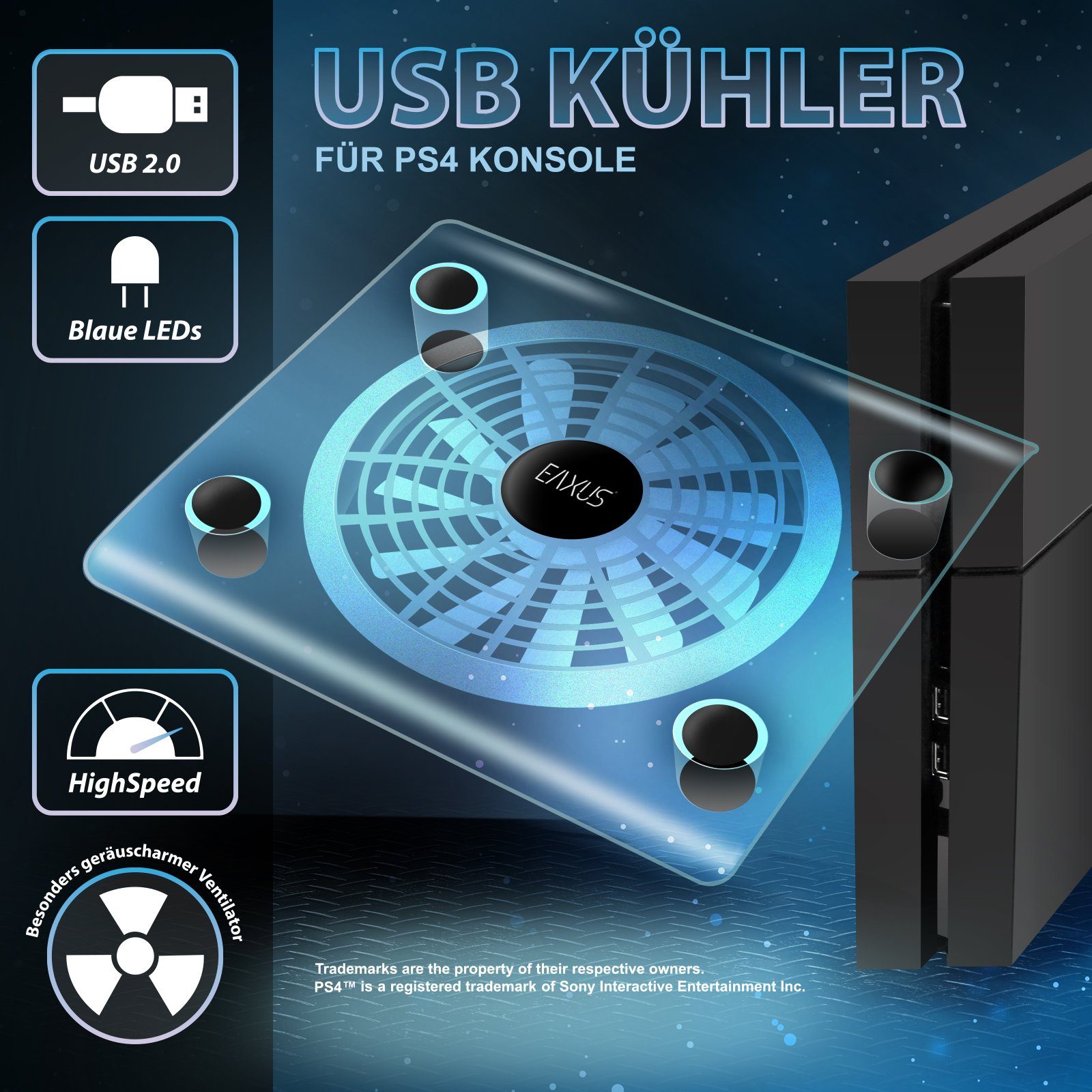 EAXUS Кулер для ноутбука Lüfter/Kühler für PlayStation 4, Laptops und weitere Konsolen. USB, Stromversorgung direkt über USB