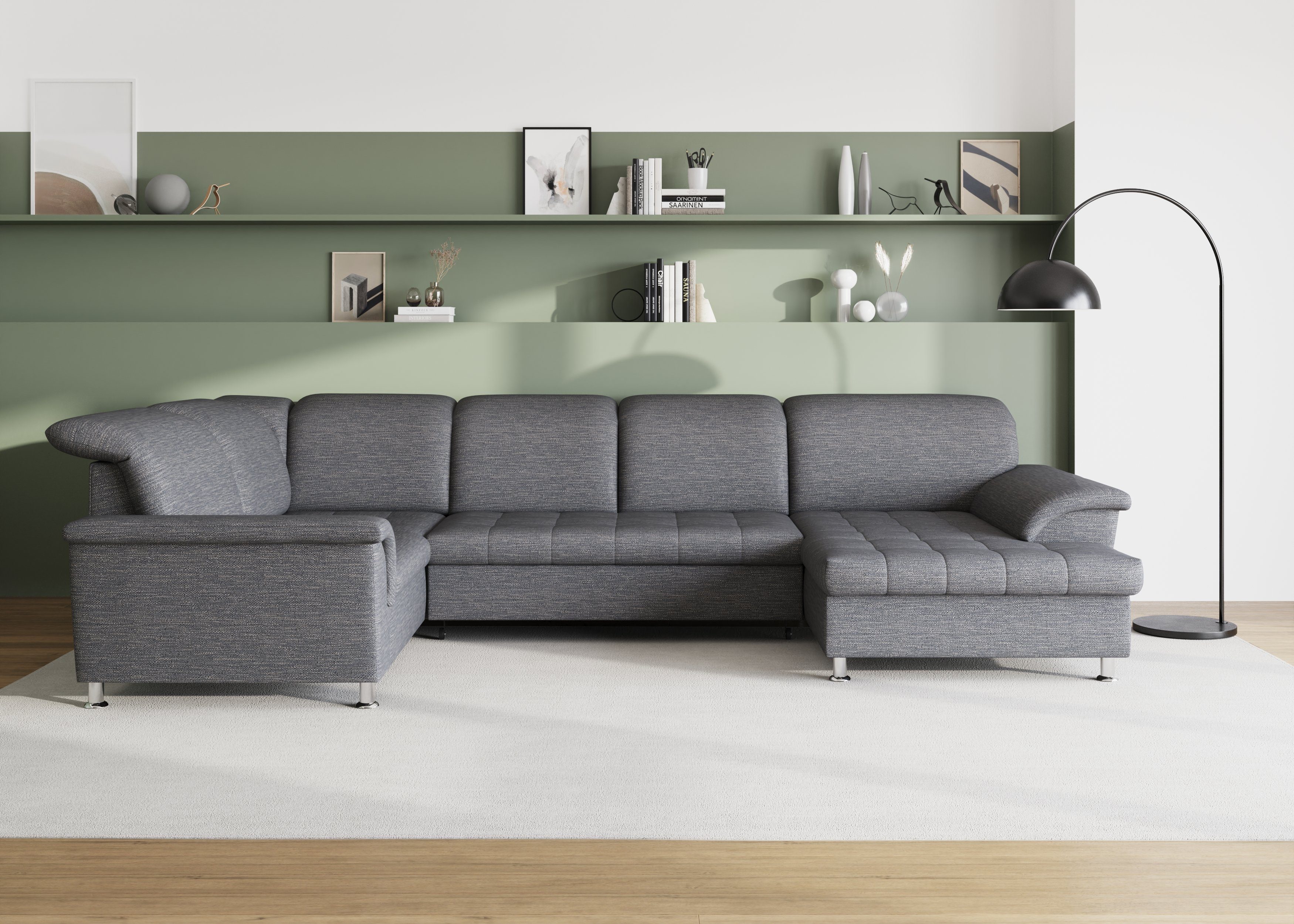 DOMO collection Wohnlandschaft Franzi optional mit Bettfunktion, Bettkasten & Kopfteilverstellung, U-Form, Recamiere rechts, weiß-grau, B/T: 352/214 cm