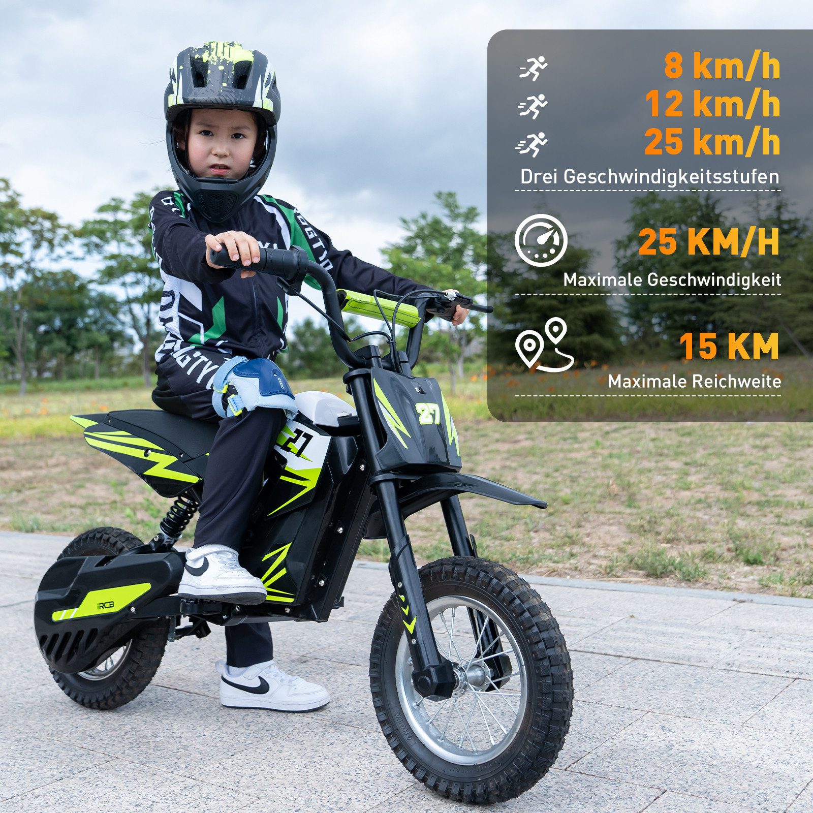 RCB TECH Elektro-Kindermotorrad R9X,3 Geschwindigkeitsmodus,Max 25km/h,Reichweite 15 km, 12"Luftreifen, Belastbarkeit 65 kg, 8km/h, 12km/h, 25km/h