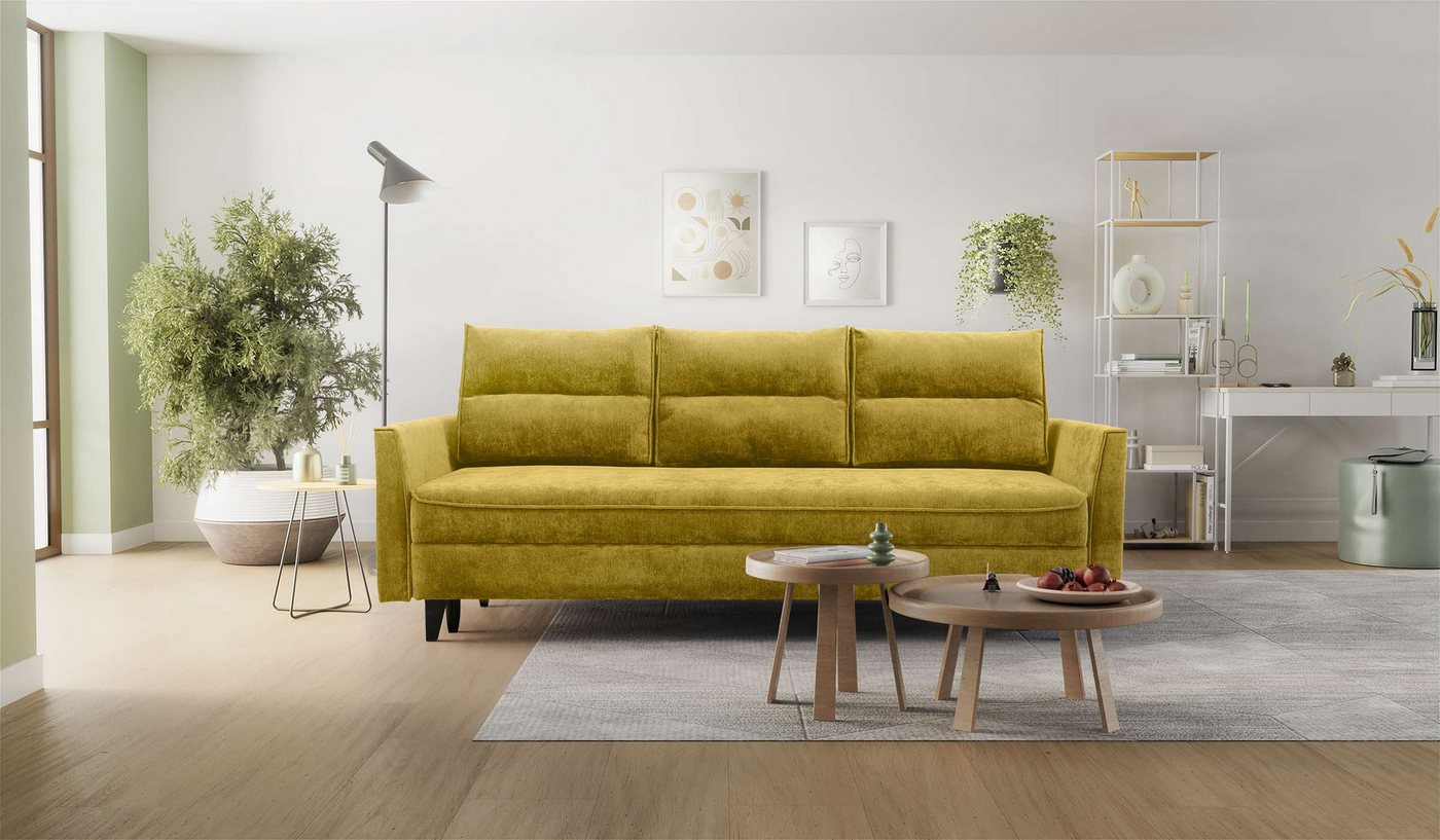 Hygger Möbelhaus Schlafsofa Loki mit Bettkasten im exklusiven Chenille-Stoff Priority, Liegefläche 145 × 202 cm, Taschenfederkern, massive Buchenholzfüße (13 cm), versandkostenfrei innerhalb Deutschlands, hergestellt in Europa