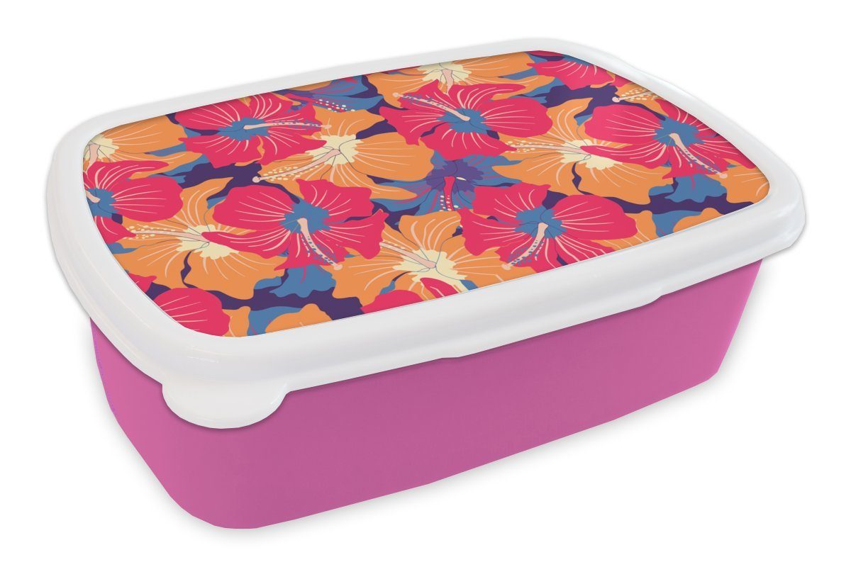 MuchoWow Lunchbox Sommer - Blumen - Hawaii - Muster, Kunststoff, (2-tlg), Brotbox für Erwachsene, Brotdose Kinder, Snackbox, Mädchen, Kunststoff rosa