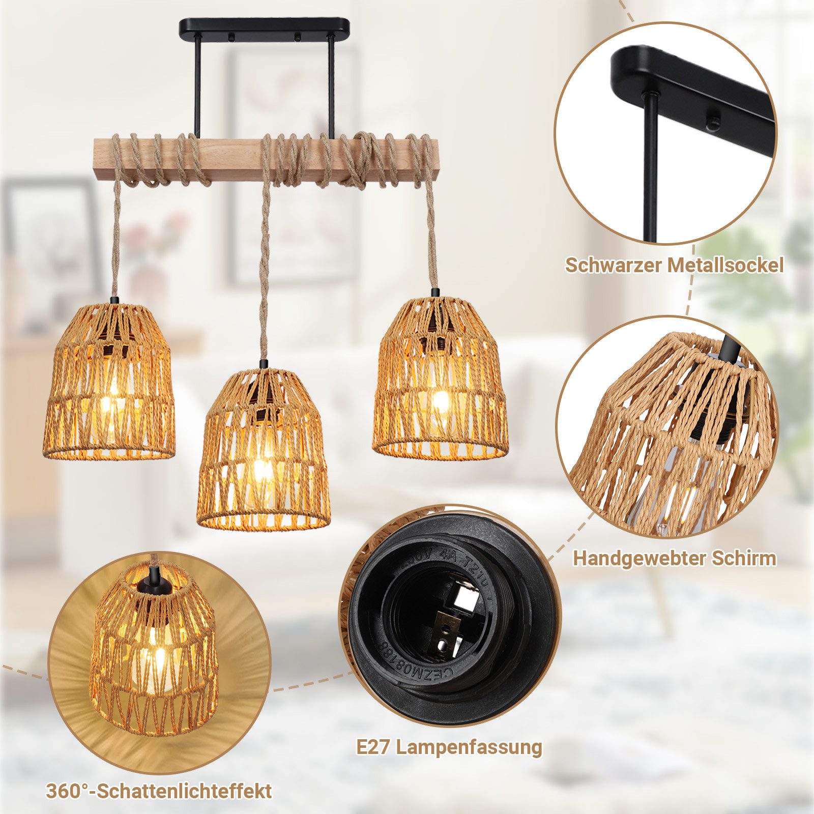 MUPOO Hängeleuchten 3 Köpfe Kronleuchter mit Rattanschirm, Boho Deckenlampe günstig online kaufen
