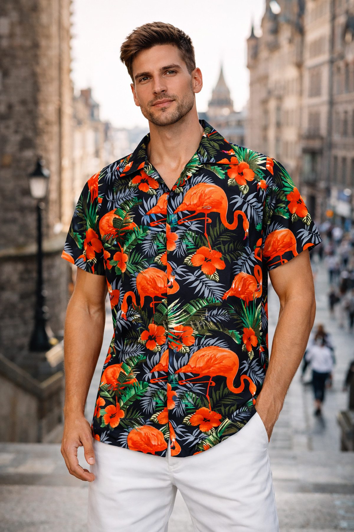 King Kameha Hawaiihemd "Flamingo Flowers" Funky Hawaii-Hemd Herren Kurzarm Front-Tasche