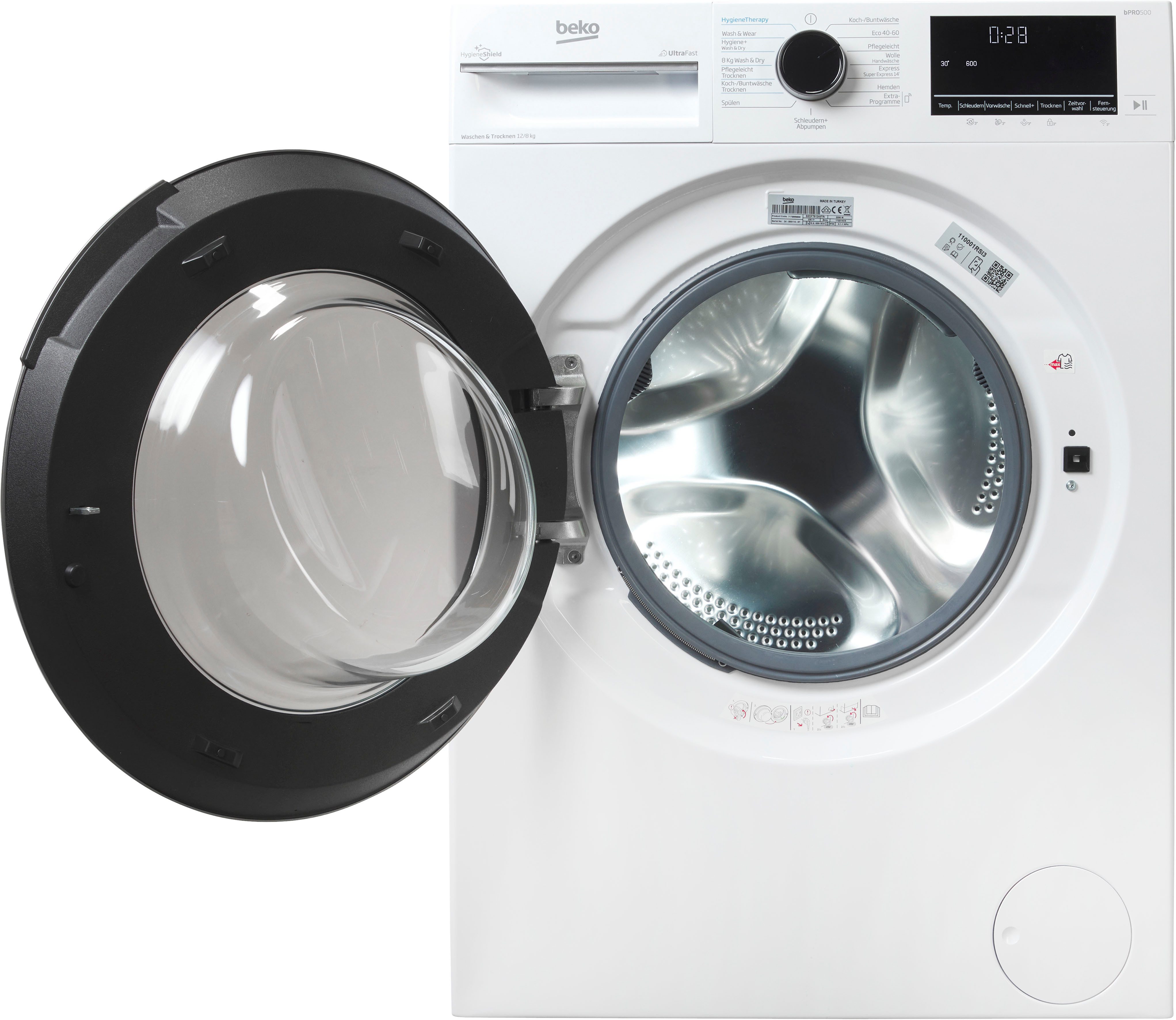 BEKO Waschtrockner B3DFT512447W 7178559800, 12 kg, 8 kg, 1400 U/min, Vollelektronik, SteamCure-Damp, Wash & Wear