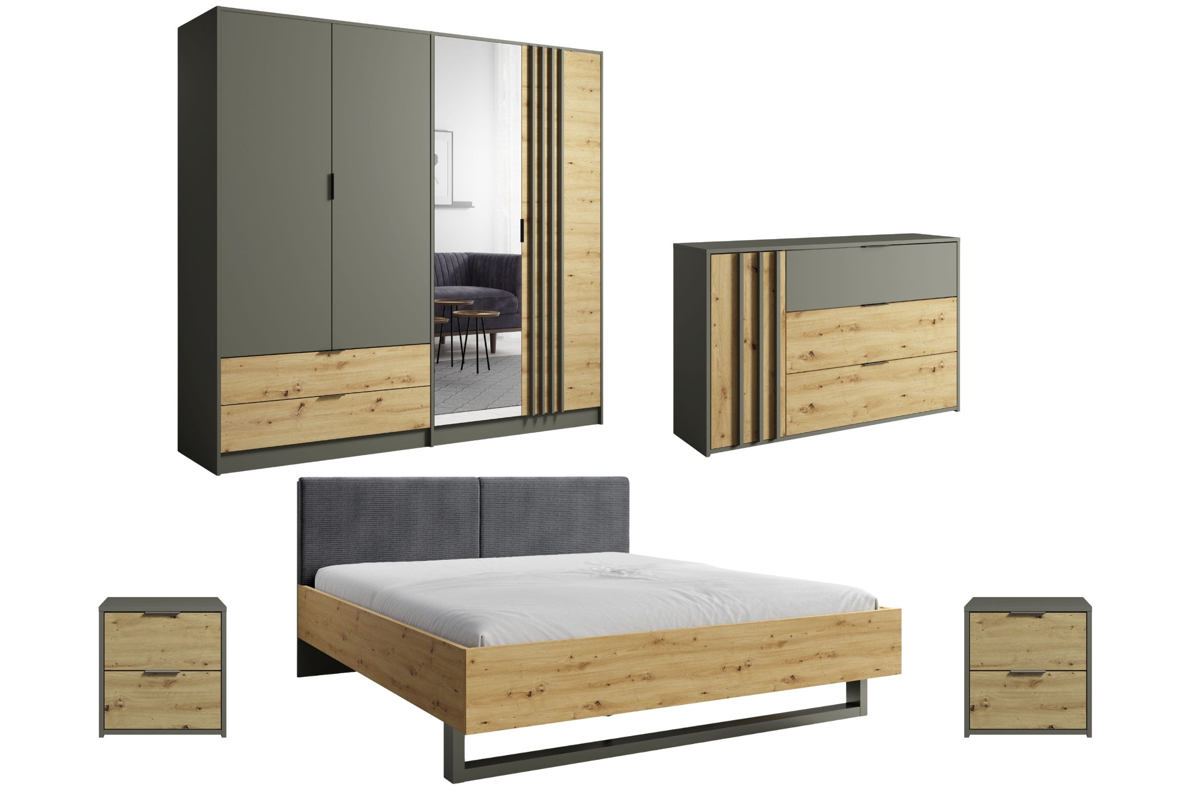 Deine Möbel 24 Schlafzimmer-Set RON A – modernes Komplett-Schlafzimmer in Artisan Eiche / Graphit, (Set, 5-tlg., ideal für Ihr Schlafzimmer, Bett 160x200 / 180x200), inkl. Kleiderschrank, Doppelbett, Kommode & 2 Nachttische