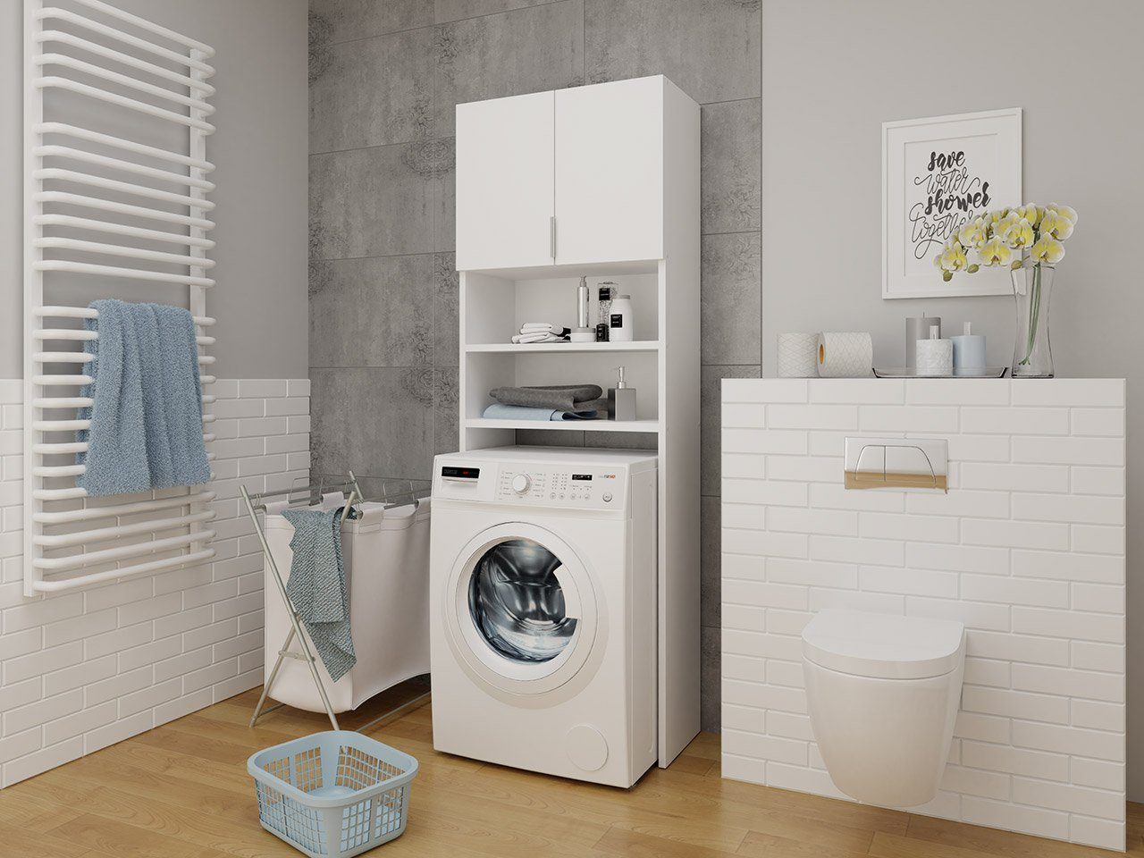 MIRJAN24 Waschmaschinenumbauschrank Bonito (mit 2 Türen) Griffe aus Aluminium, geräumigen Regalen Weiß