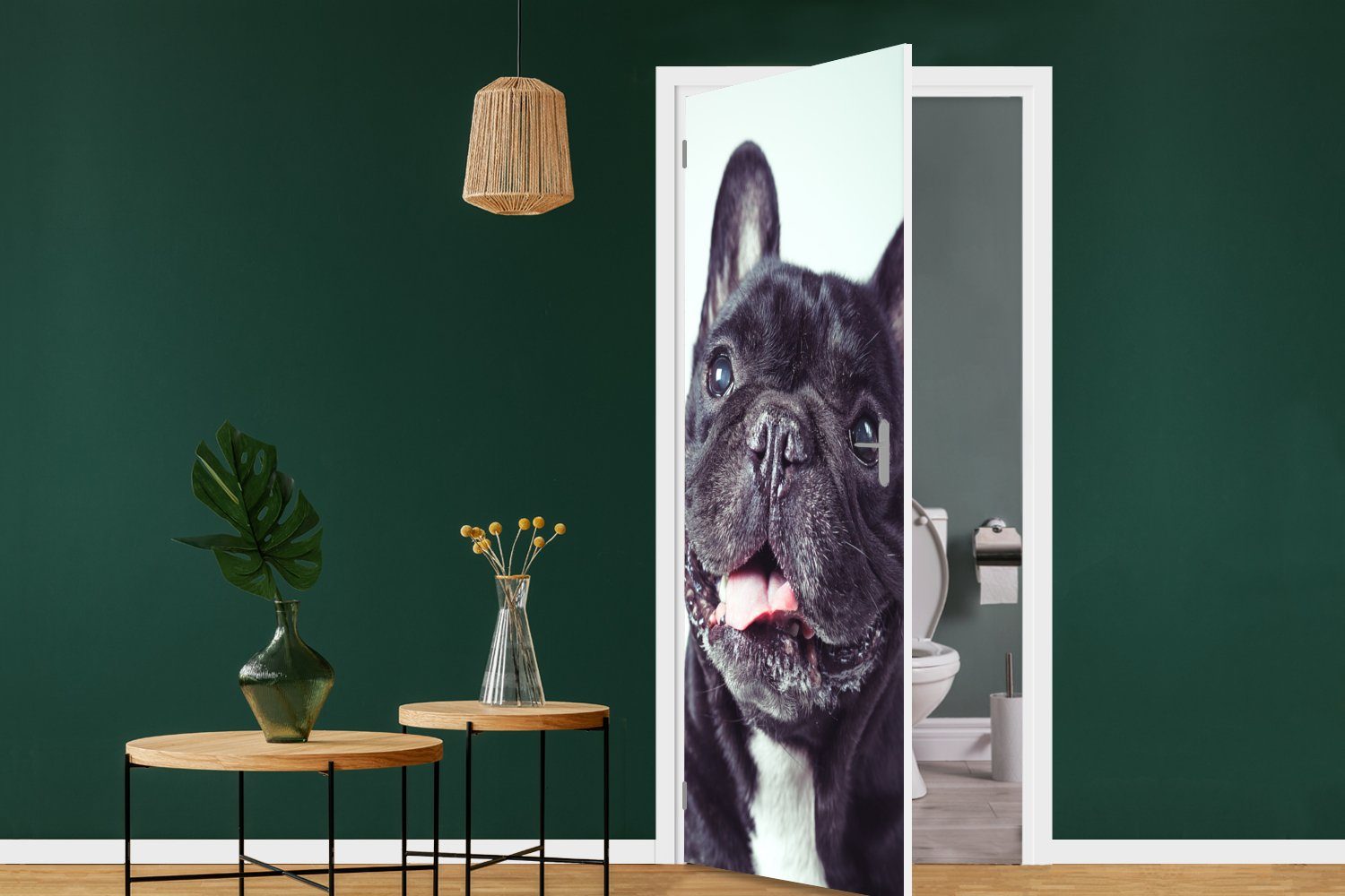 Tür, Matt, Türtapete cm - MuchoWow Fototapete Türaufkleber, Bulldogge (1 Schwarz 75x205 für St), Französische Stuhl, bedruckt, -