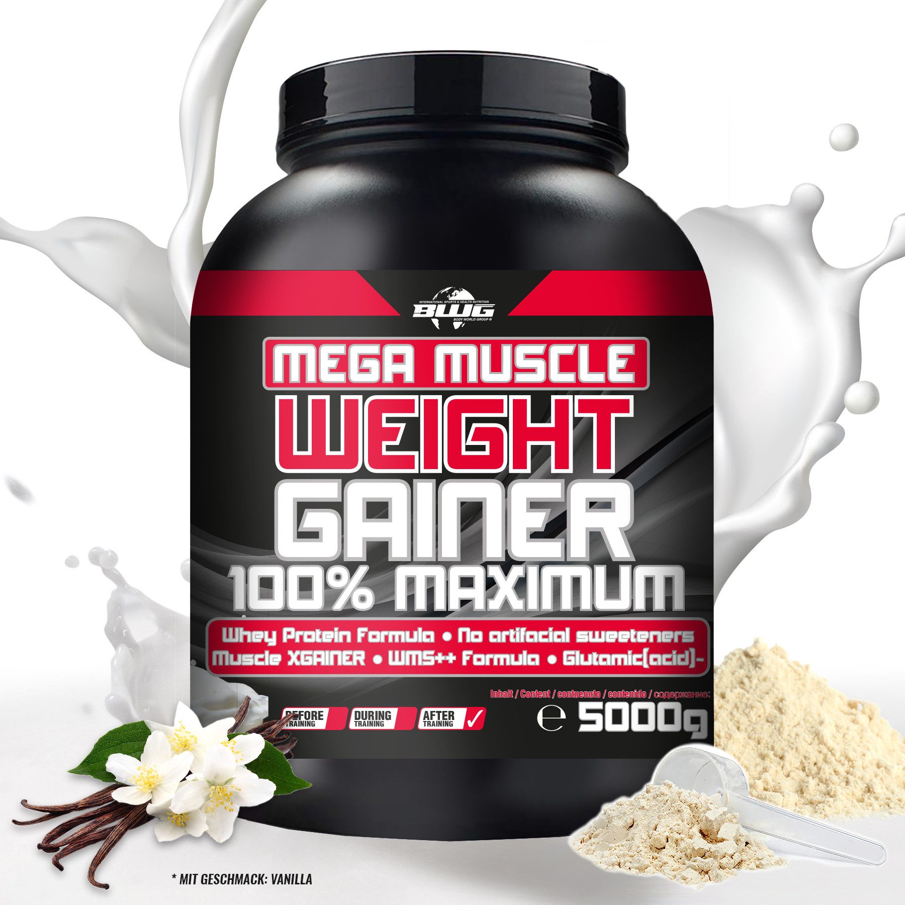 BWG BWG Mega Muscle Weight Gainer VANILLE 5000g - Made in Germany pur