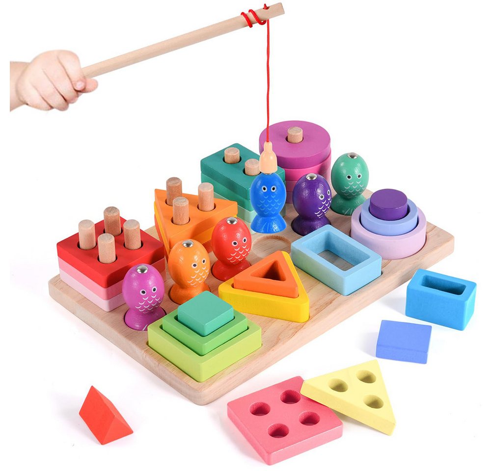 Flintry Lernspielzeug Montessori-Spielzeug ab 3 Jahr – Holzspielzeug & Stapelspielzeug, 3-in-1 Farben- und Formensortierer sowie Angelspiel, Kinderspielzeug