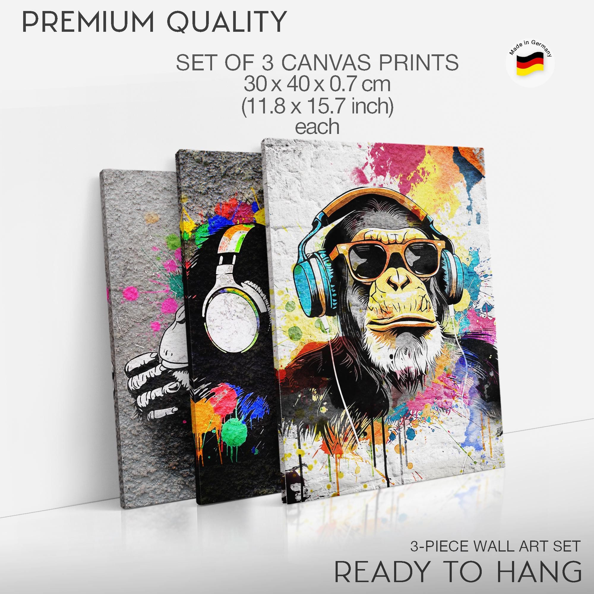 Novart Wandbild Set Banksy Style Collage 3 Bilder Wohnzimmer Streetart, Affe mit Kopfhörer – Bild 5 von 5