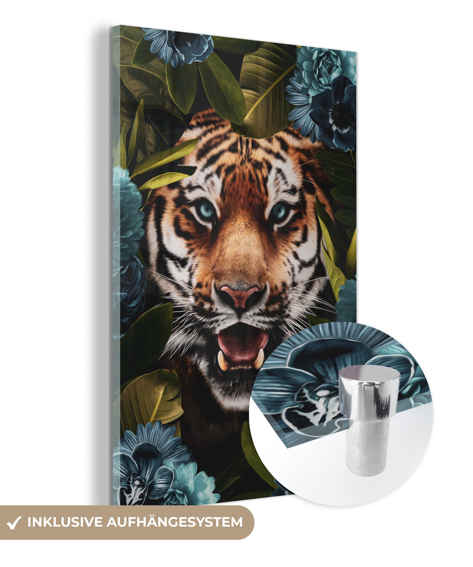 - bunt Acrylglasbild St), Foto Tiger - Wanddekoration auf Bilder Wandbild Glas Glasbilder (1 Glas - Blau, - Blätter auf MuchoWow -