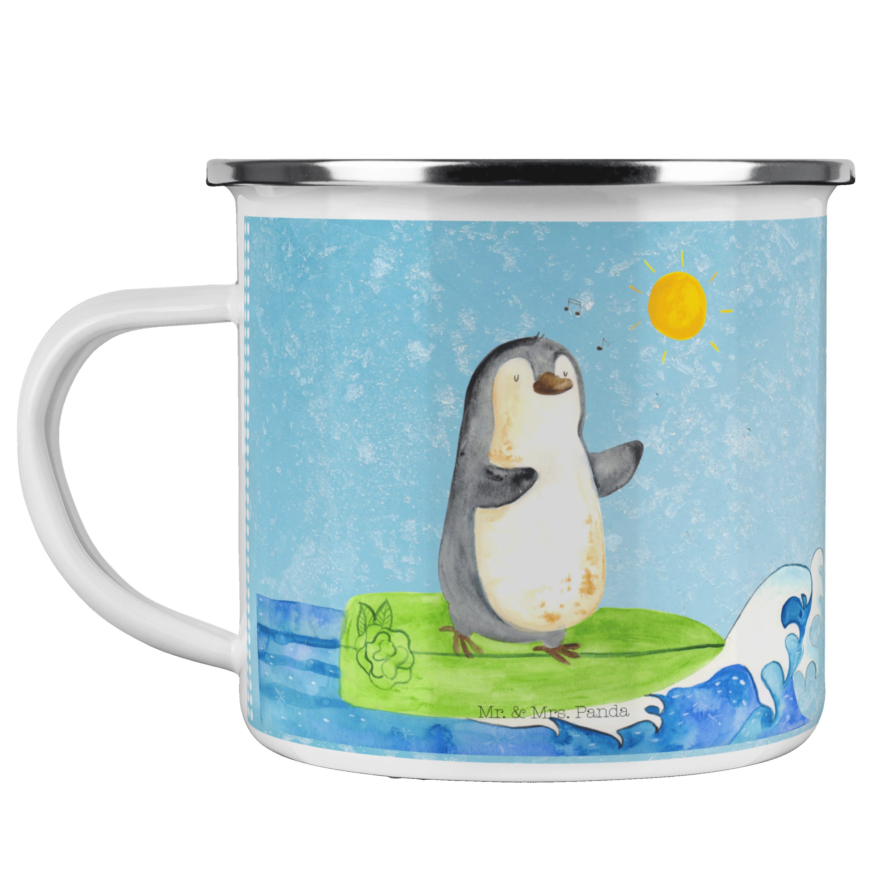 Mr. & Mrs. Panda Becher Pinguin Surfer - Eisblau - Geschenk, Emaille Trinkbecher, Portugal, B, Emaille