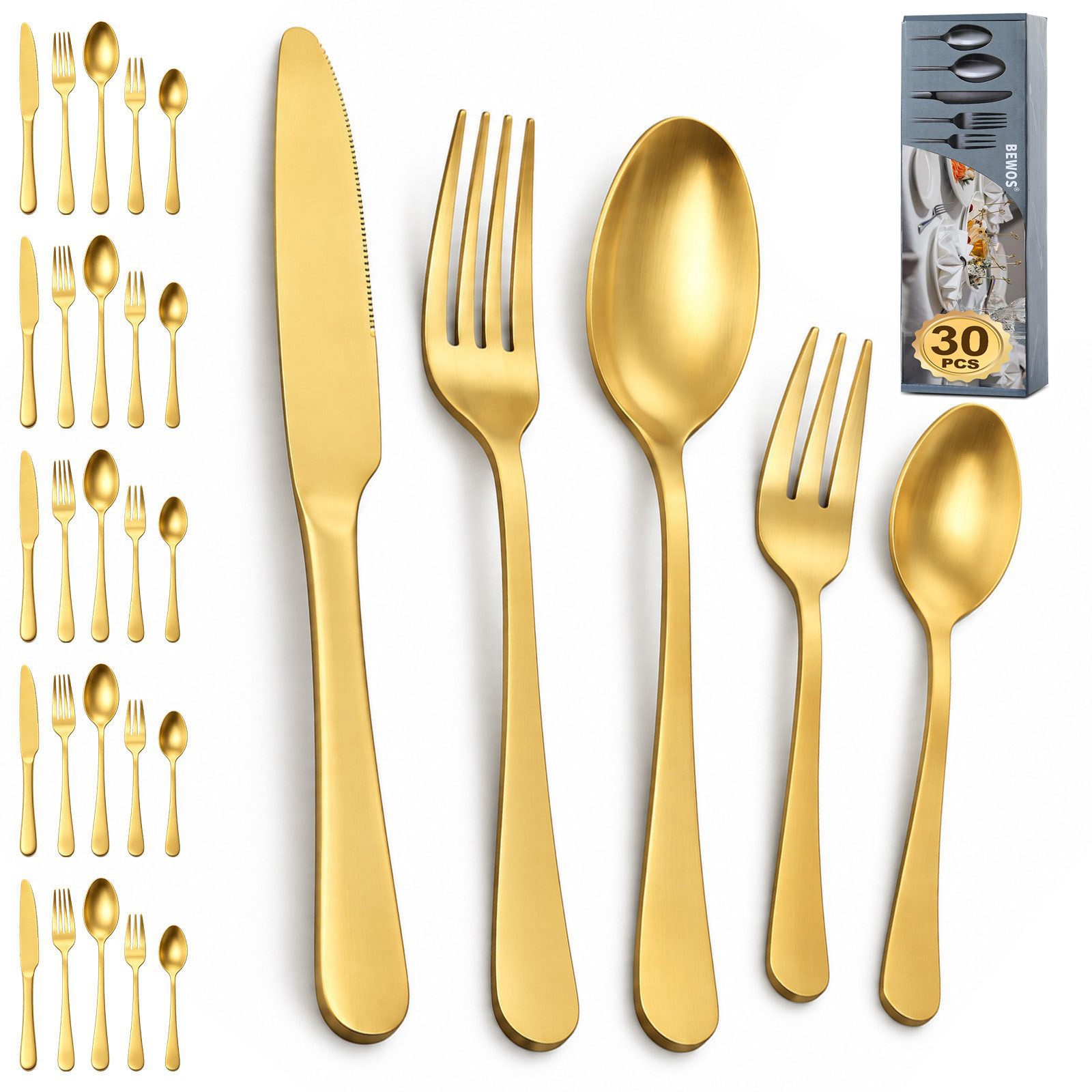 AKKEE Besteck-Set für 6 Personen, 30 teilig Titanium Gold Essbesteck Set, 6 Personen, inkl. Messer, Gabel, Löffel, Besteck Edelstahl, Spülmaschinenfest