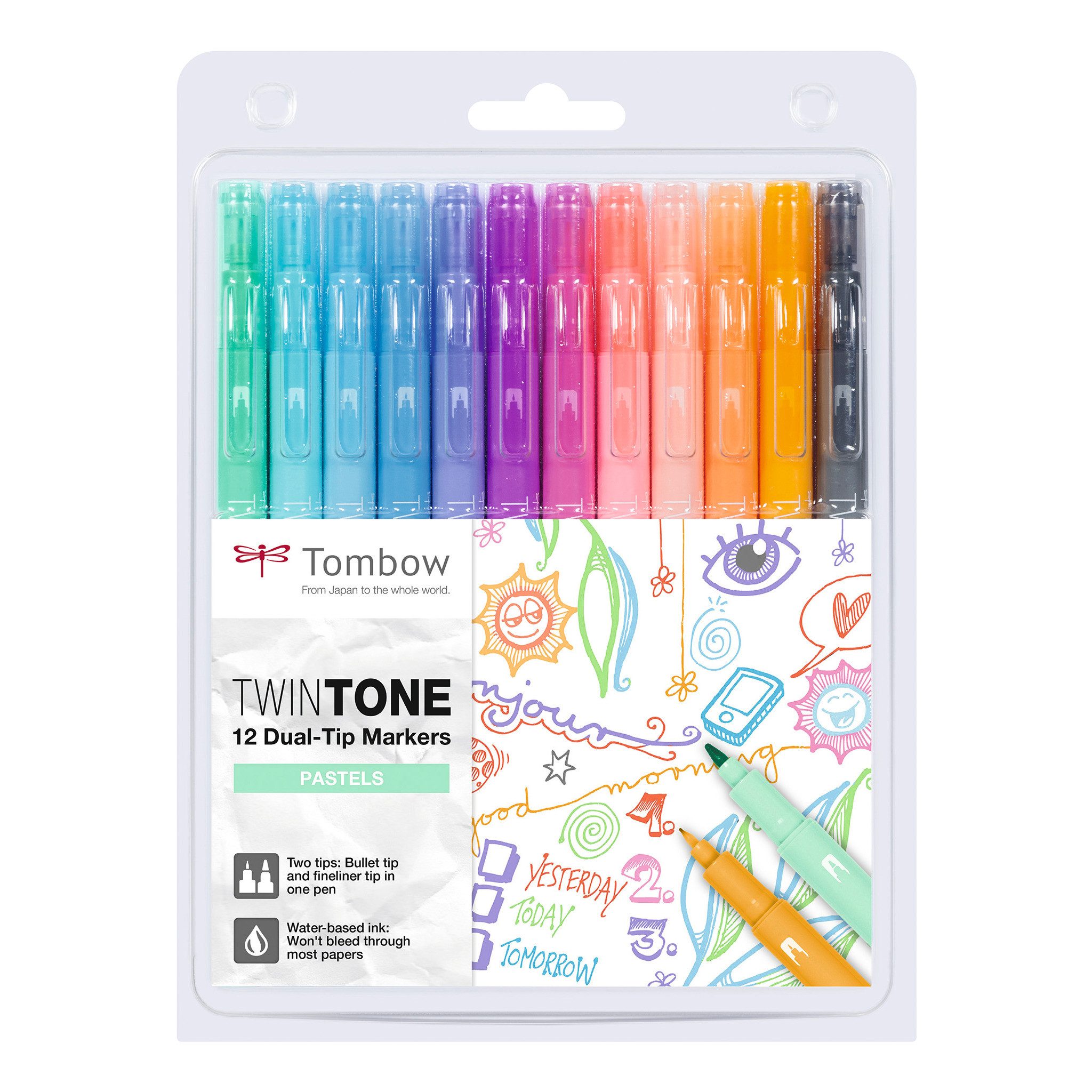 TOMBOW Faserstift TwinTone, (12er Set), Filzstift/Fineliner mit dünner und dicker Spitze, Pastellfarben
