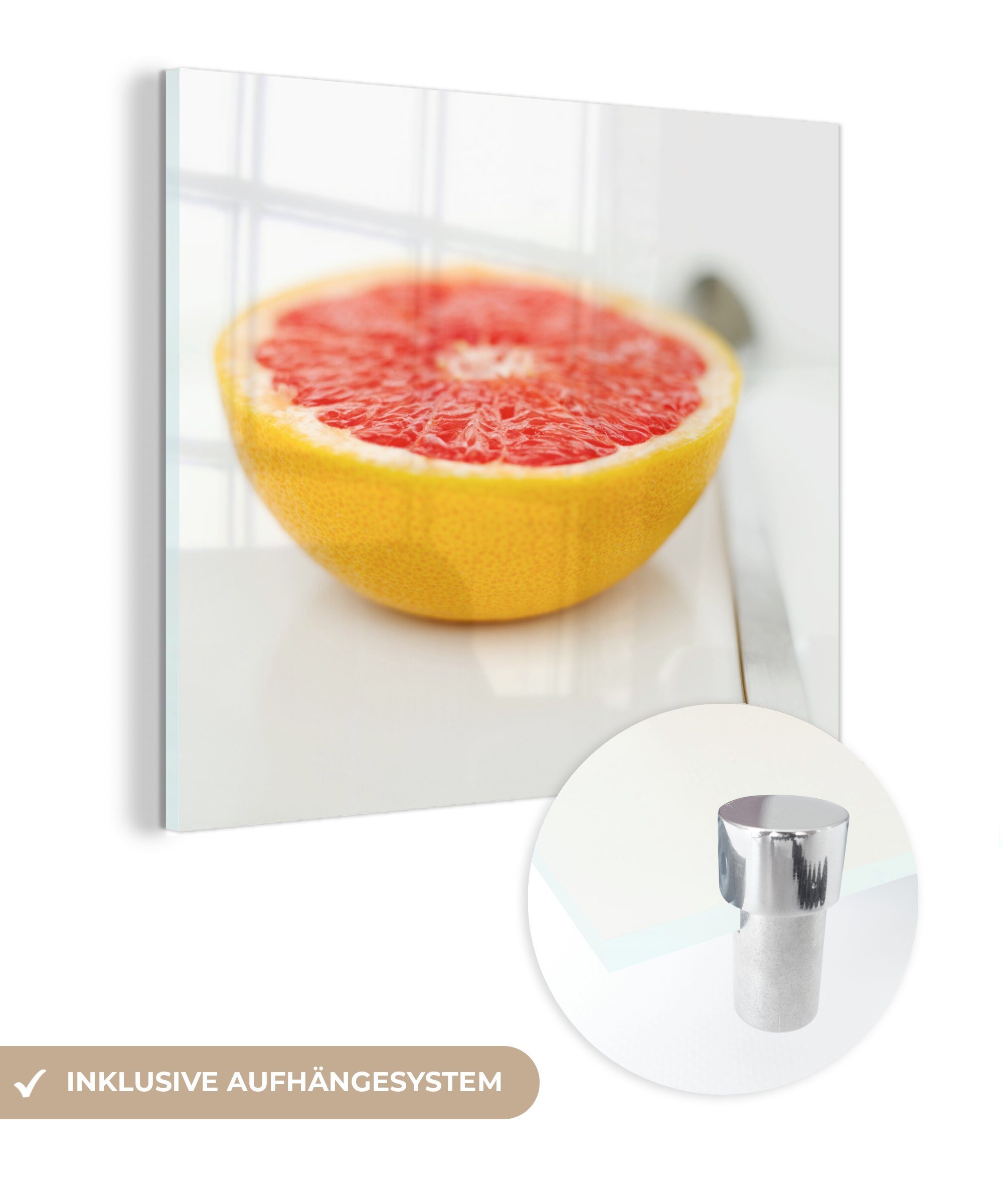 MuchoWow Acrylglasbild Halbierte Grapefruit mit einem Löffel, (1 St), Glasbilder - Bilder auf Glas Wandbild - Foto auf Glas - Wanddekoration