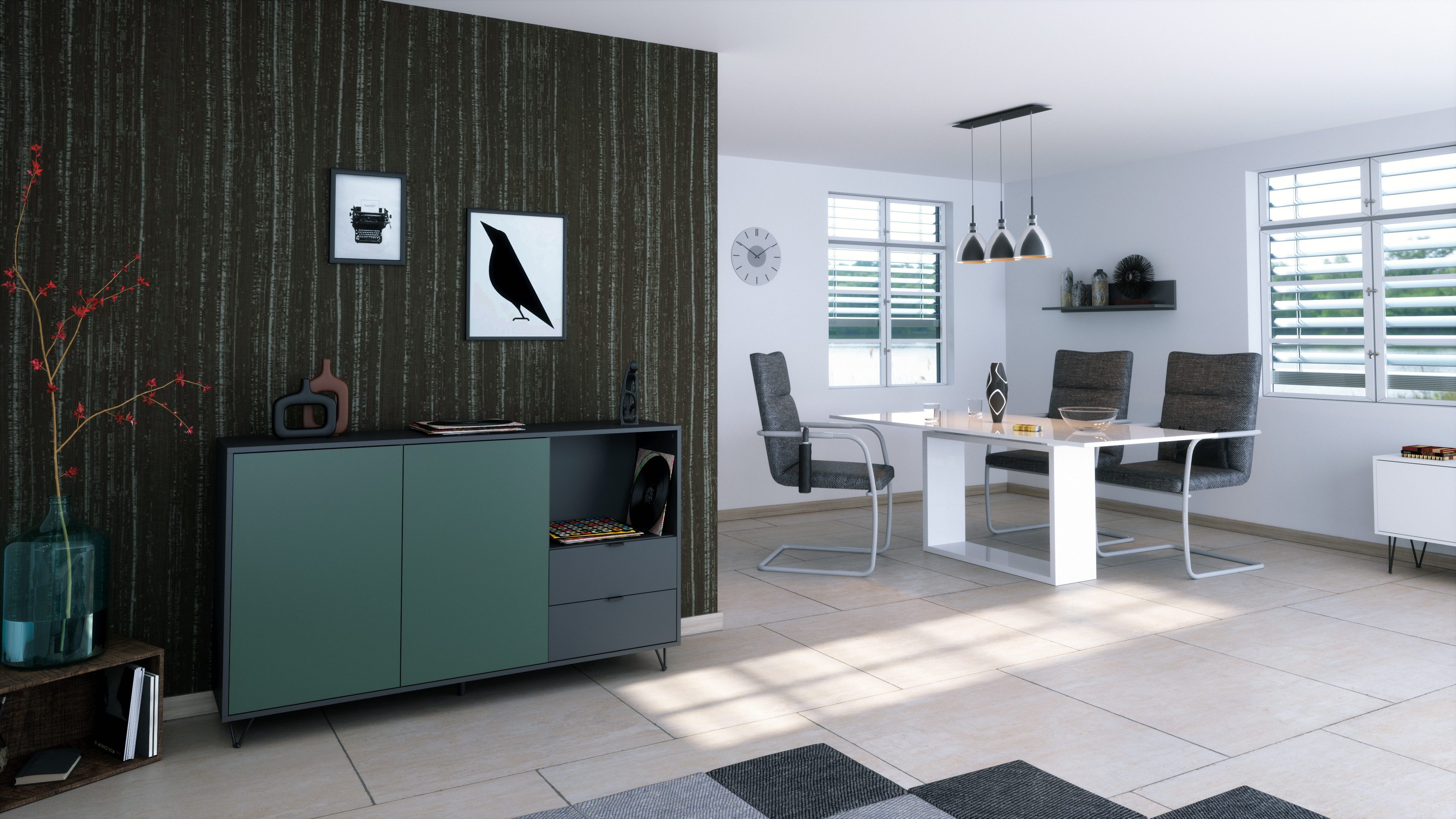 Vladon Sideboard Marino (Kommode mit 2 Türen Fjord Grün, 2 Schubladen Anthrazit matt, Made in Germany), Korpus Anthrazit matt (152,5 x 90,5 x 37 cm)