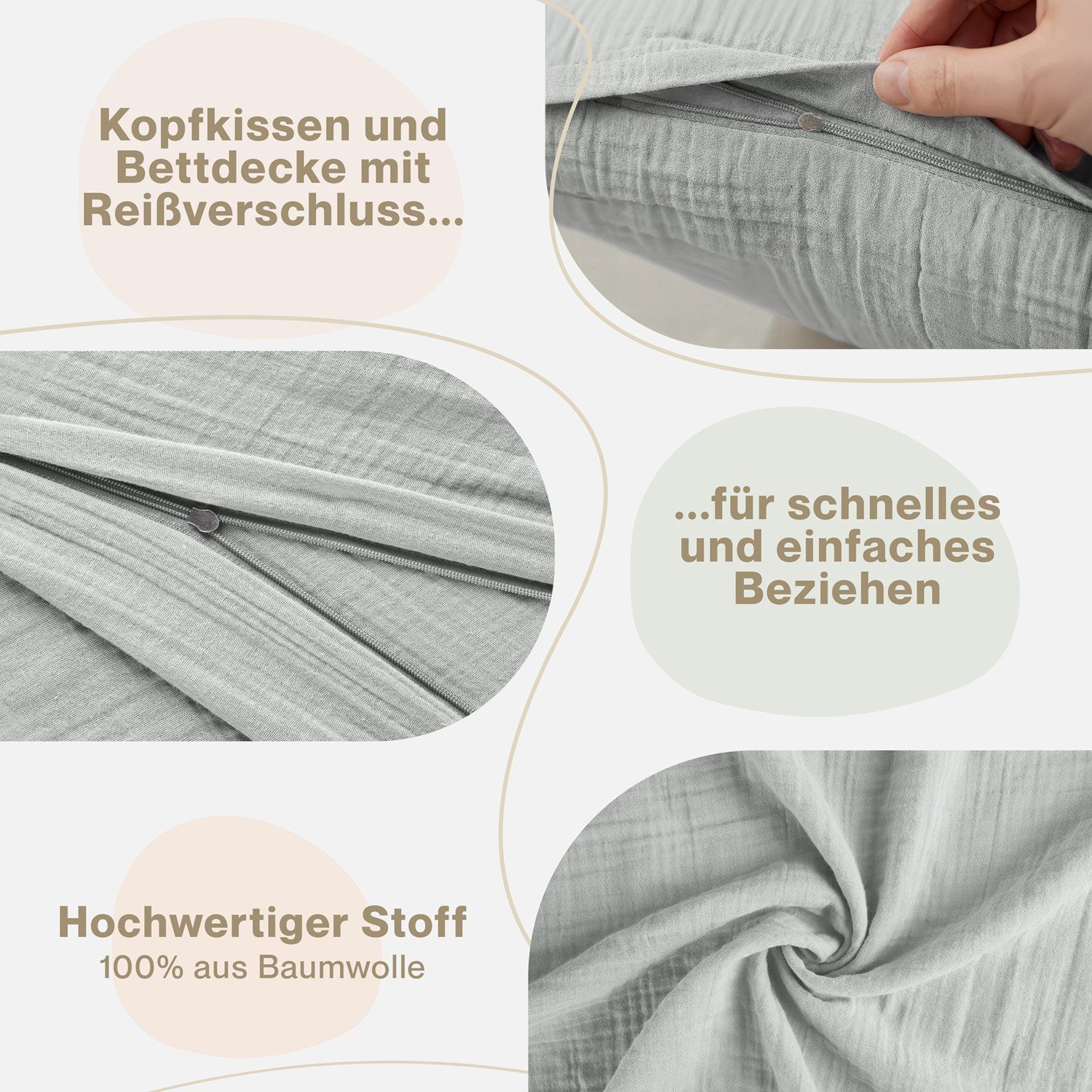 Blumtal Bettwäsche Musselin 100% Baumwolle im Set, Kopfkissenbezug & Deckenbezug, 4 teilig – Bild 4 von 5