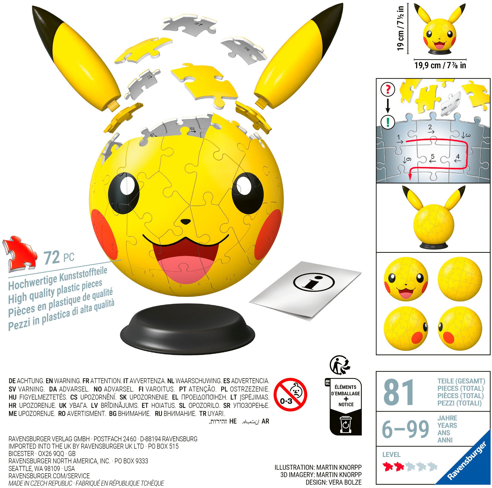 Ravensburger Puzzleball Pokémon Pikachu mit ansteckbaren Ohren, 72 Puzzleteile, Made in Europe