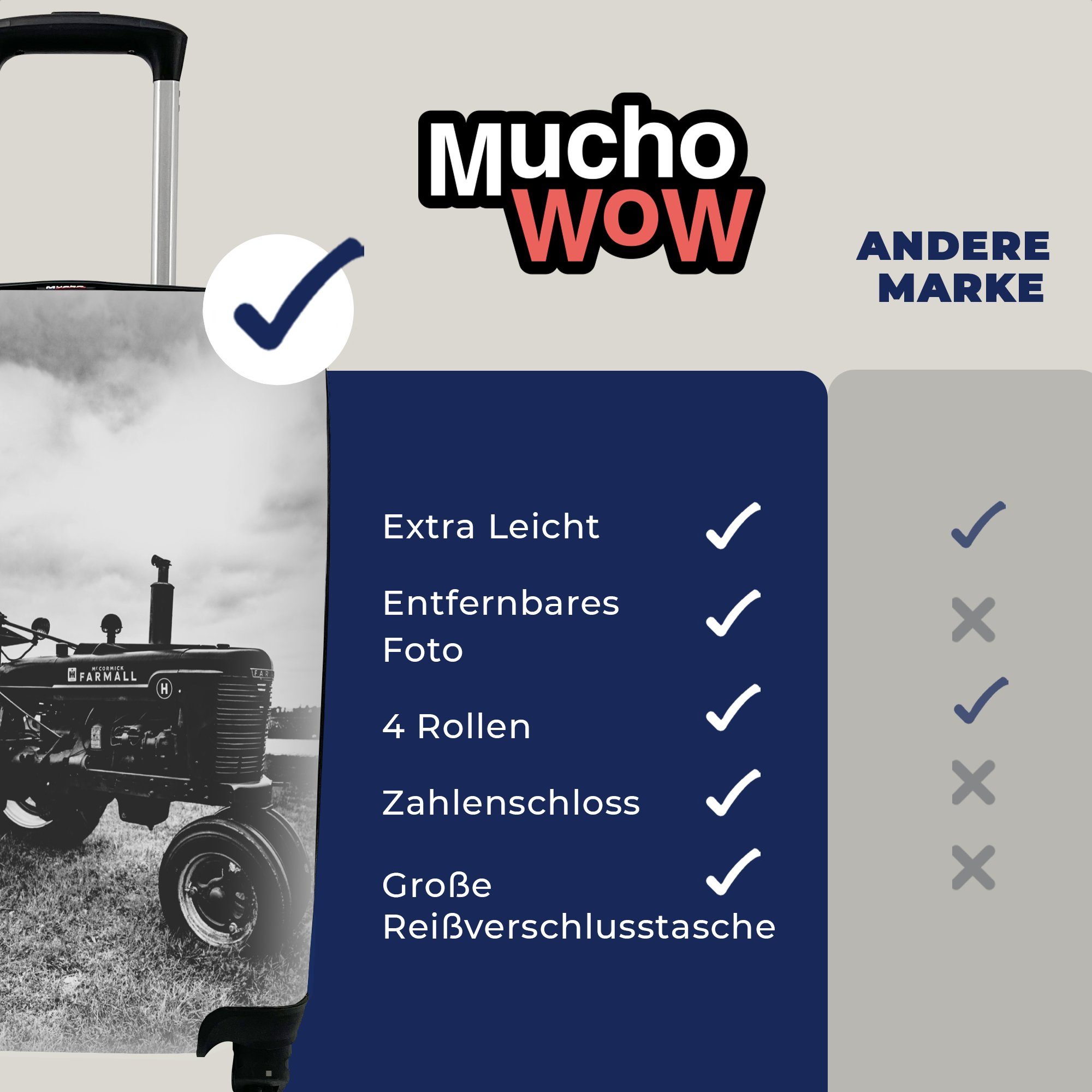 MuchoWow Handgepäckkoffer Traktor - Schwarz - - Reisetasche 4 Weiß Ferien, mit rollen, Vintage, Bauernhof - Rollen, Handgepäck Reisekoffer Trolley, für