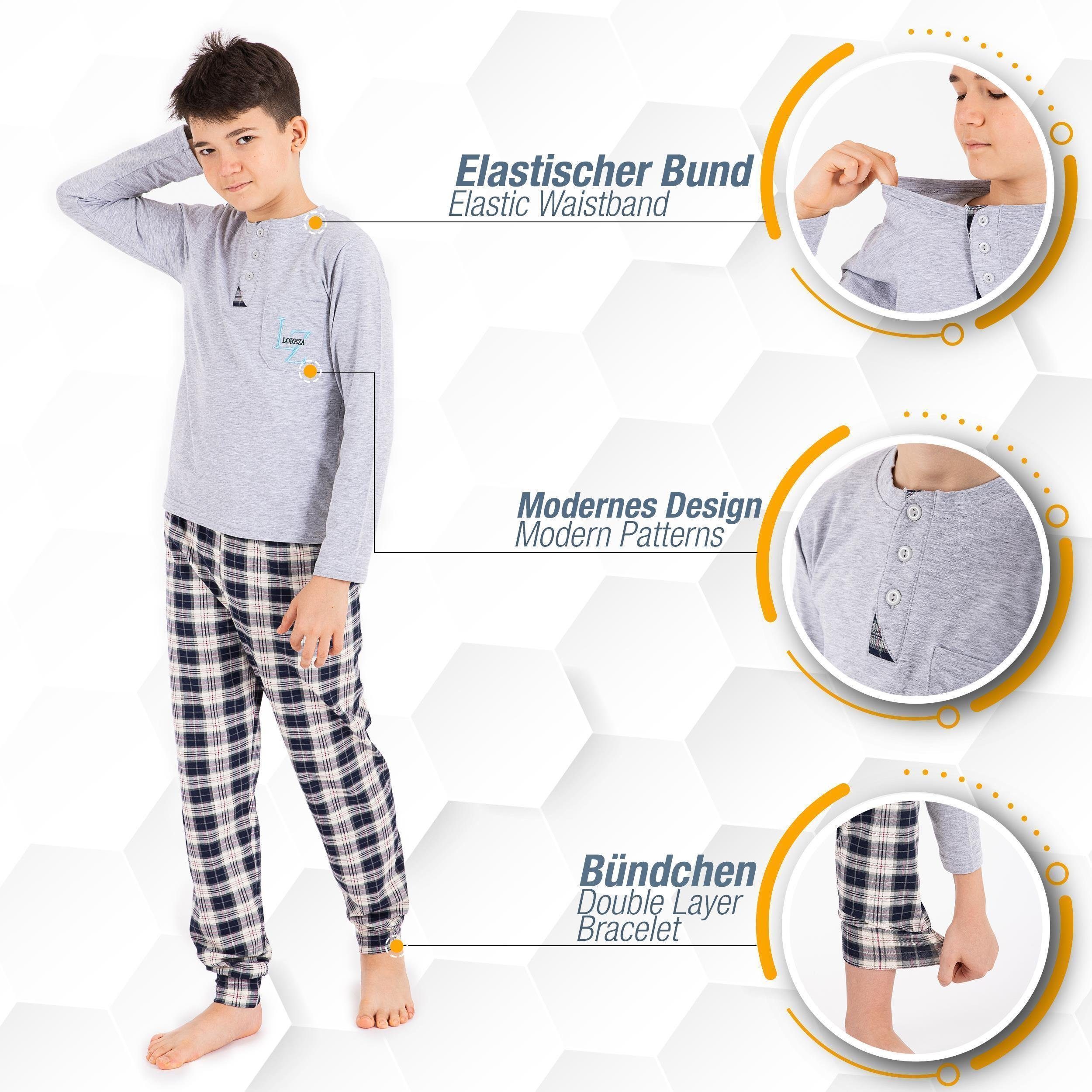 Jungen kariert Langarm 2 aus LOREZA Schlafanzug Pyjama Baumwolle zweiteiliger (Set, tlg) Grau