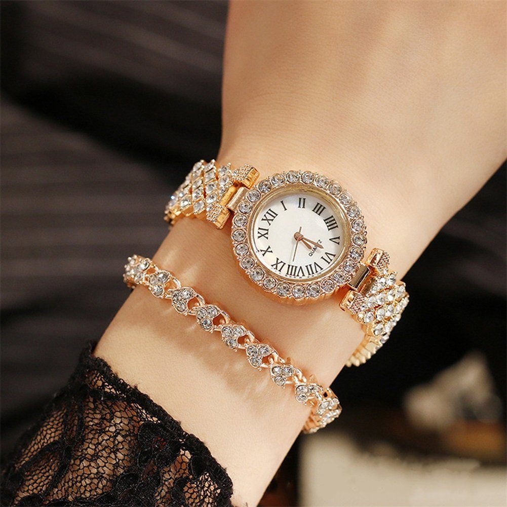 Strassarmband Quarzuhr Geschenke Rutaqian Schmuckarmband), Armband, Für (set, Uhr Armbanduhr mit Strasssteine mit Quarzuhr einem mit Damen Frauen, Golden Set