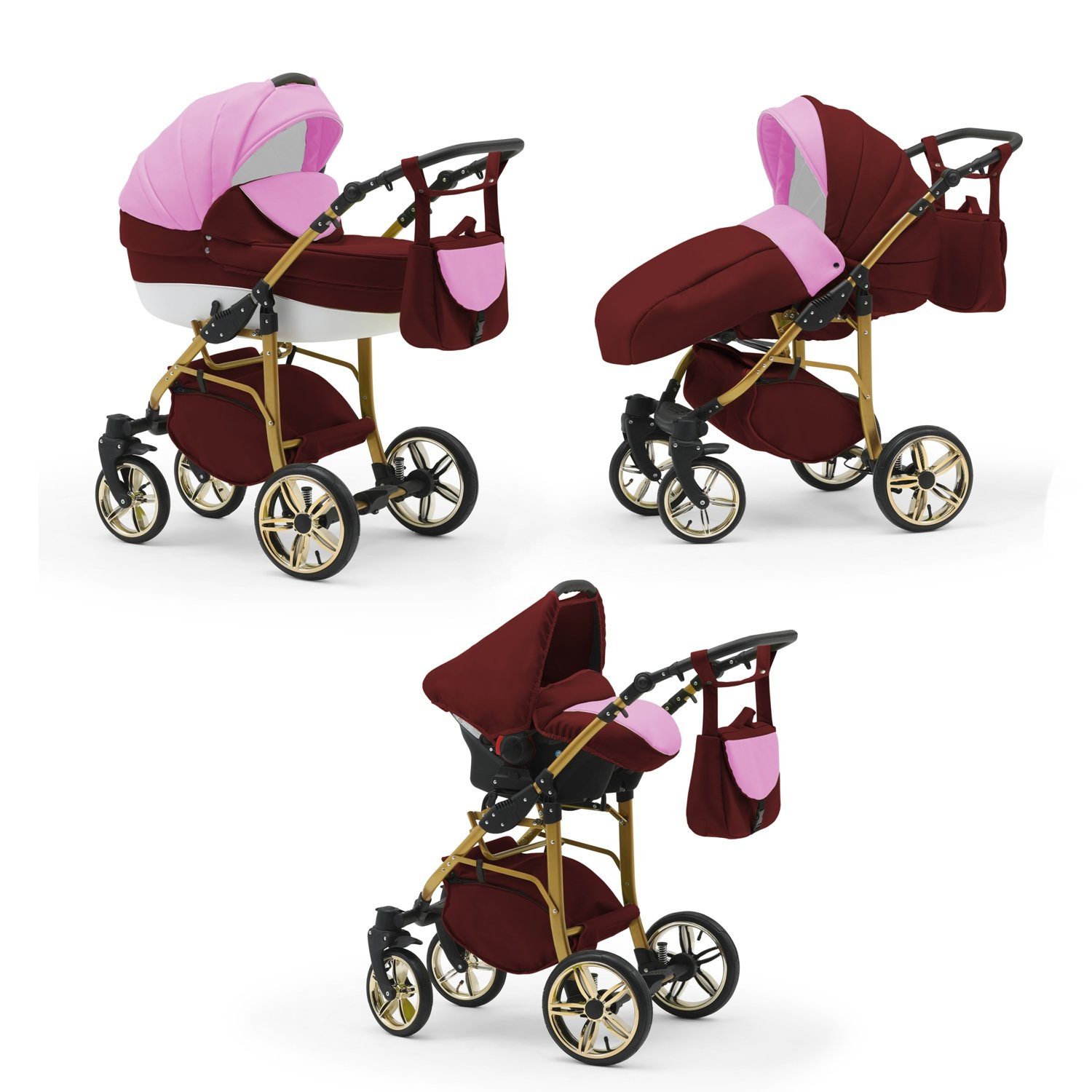 babies-on-wheels Kombi-Kinderwagen 3 in 1 Kinderwagen-Set Cosmo ECO Gold - 16 Teile - in 46 Farben Rosa-Bordeaux-Weiß | Kombikinderwagen