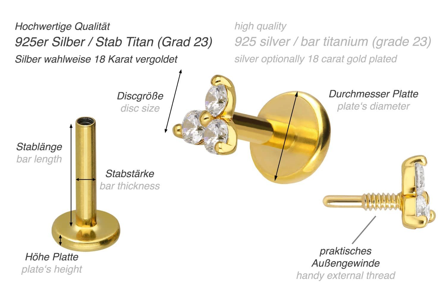 PIERCINGLINE Piercing-Set Titan Labret mit Innengewinde + 925er Silber Aufsatz MOISSANIT-BLUME (Labrets, 1-tlg)