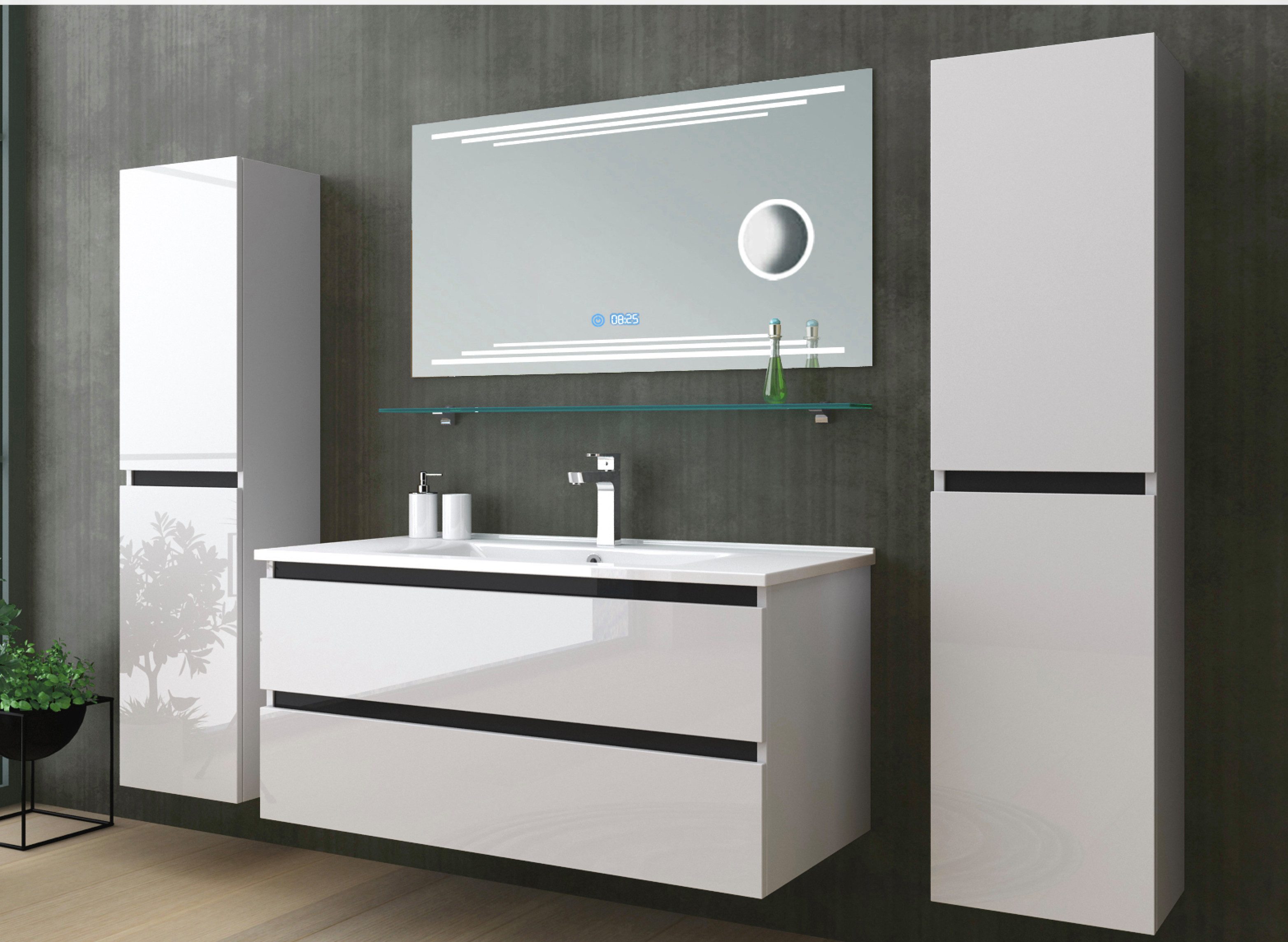 Homeline Badmöbel-Set Badmöbel Set hochschränke Spiegel Kosmetik Keramik Becken Hochglanz, (Komplettes Badmöbel Set, 6-St., Badmöbel Set Schwarz Hochglanz 6 Teilig Badezimmermöbel), Hochglanz Optik Mit 2 Schubladen