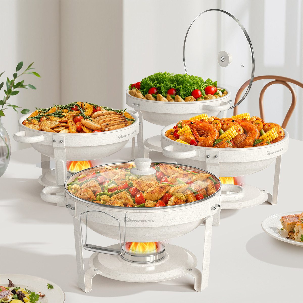 Warmounts Speisenwärmer, (4-tlg., 5L Chafing Dish Speisenwärmer Set), Rund Maifanite-Beschichtung, Buffet Warmhalter-Set für Hochzeit, Party