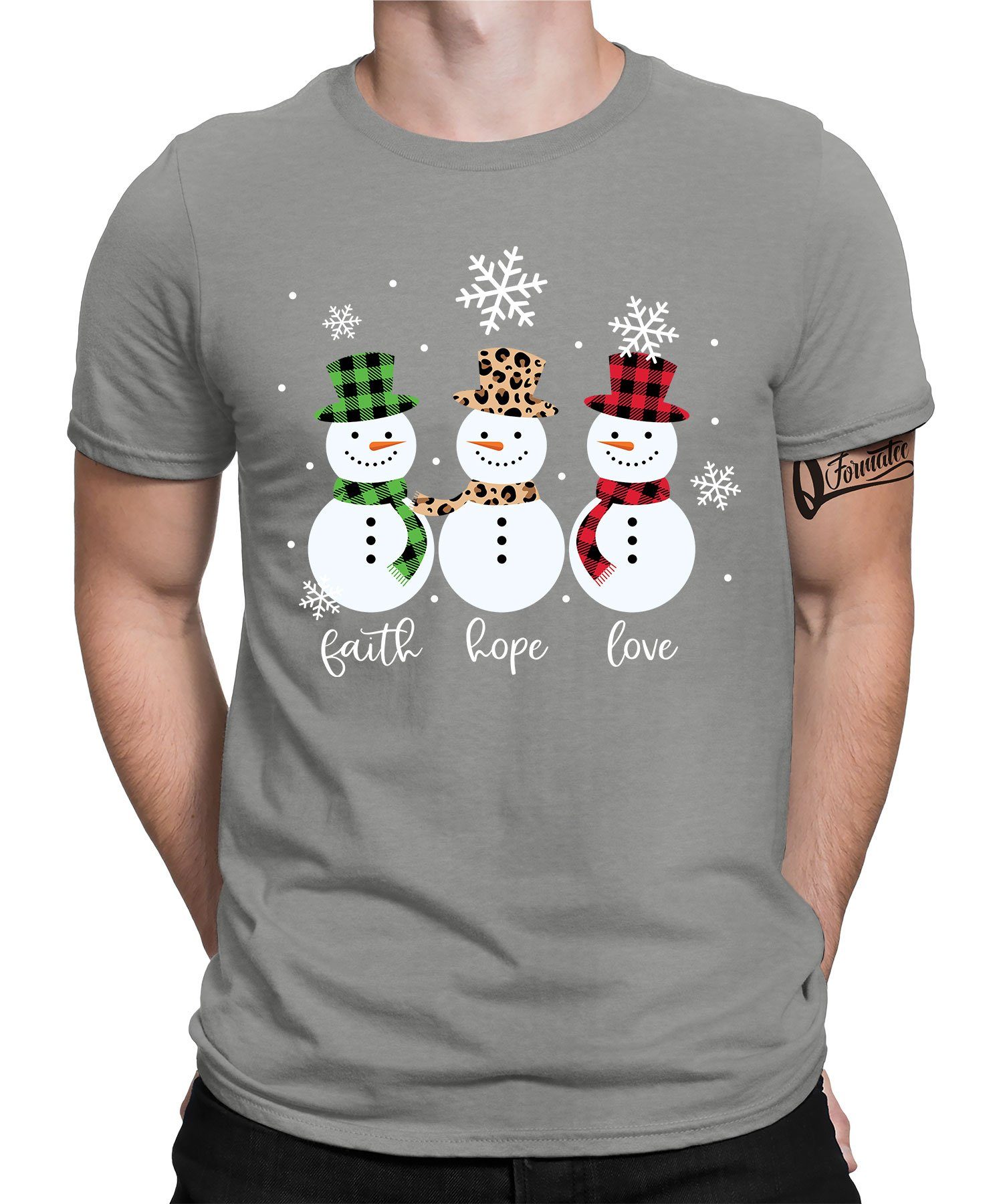 Grau - Weihnachtsgeschenk Heather Kurzarmshirt (1-tlg) Herren Quattro T-Shirt Weihnachten X-mas Schneemann Formatee