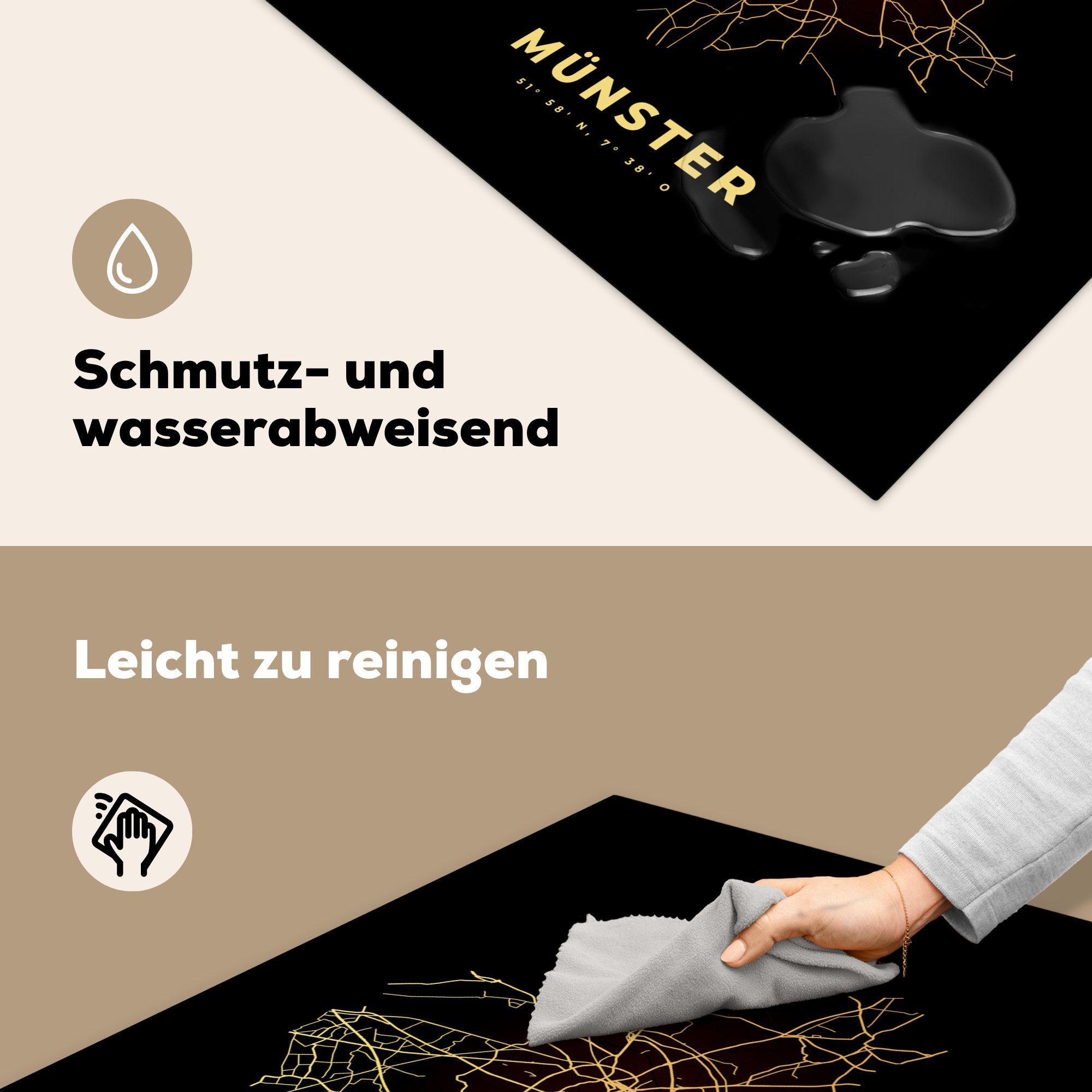 MuchoWow Herdblende-/Abdeckplatte - Stadtplan küche Karte, Münster 78x78 für tlg), - - Arbeitsplatte Karte Gold Vinyl, - Ceranfeldabdeckung, (1 cm