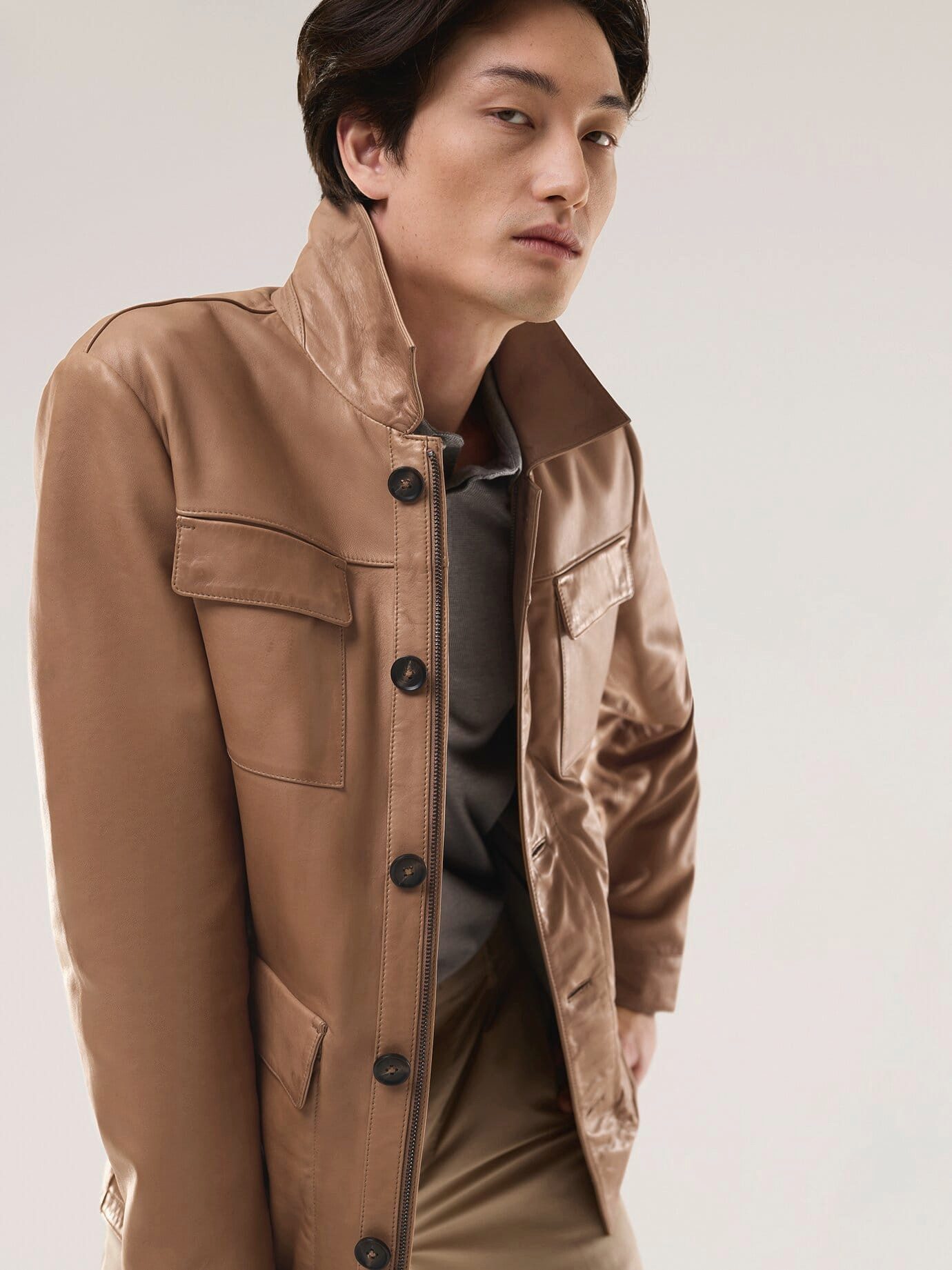 Walbusch Lederjacke Herren Multitaschen Lederjacke Umlegekragen, modern