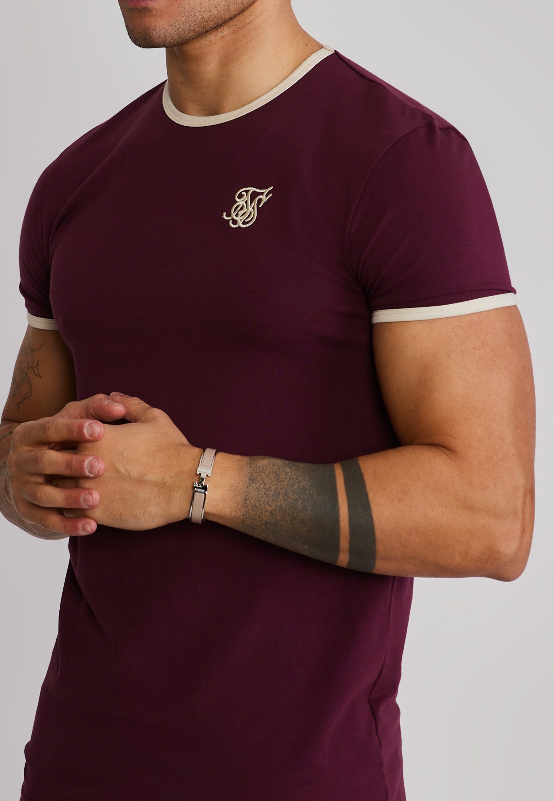 Siksilk T-Shirt SikSilk Herren Burgunderrot and Ecru Ringer T-Shirt